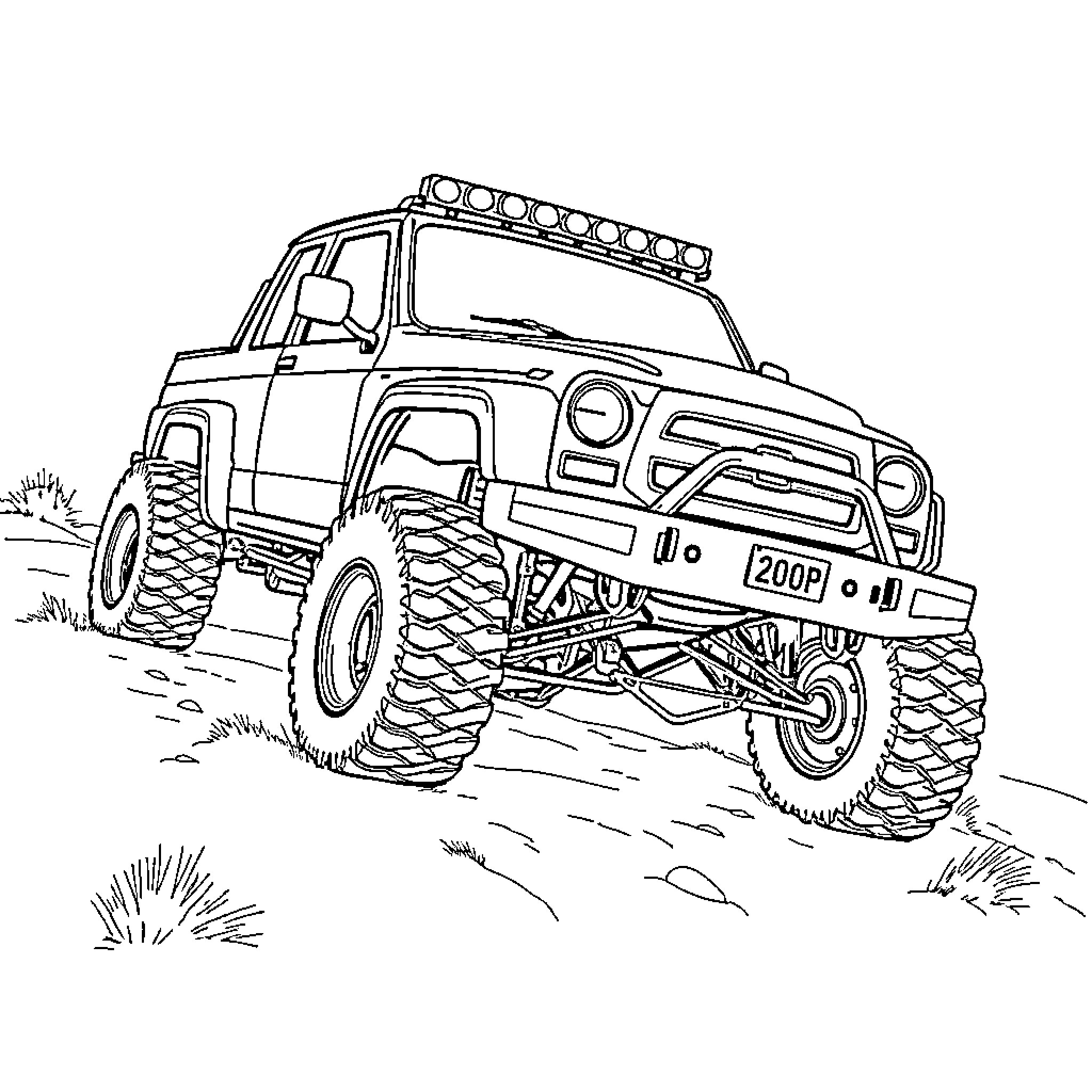 Chevy off-road utility vehicle on rugged terrain Coloring Page (free black-and-white line drawing printable PDF for all, from beginners to advanced learners, including children, teens, adults, and seniors)