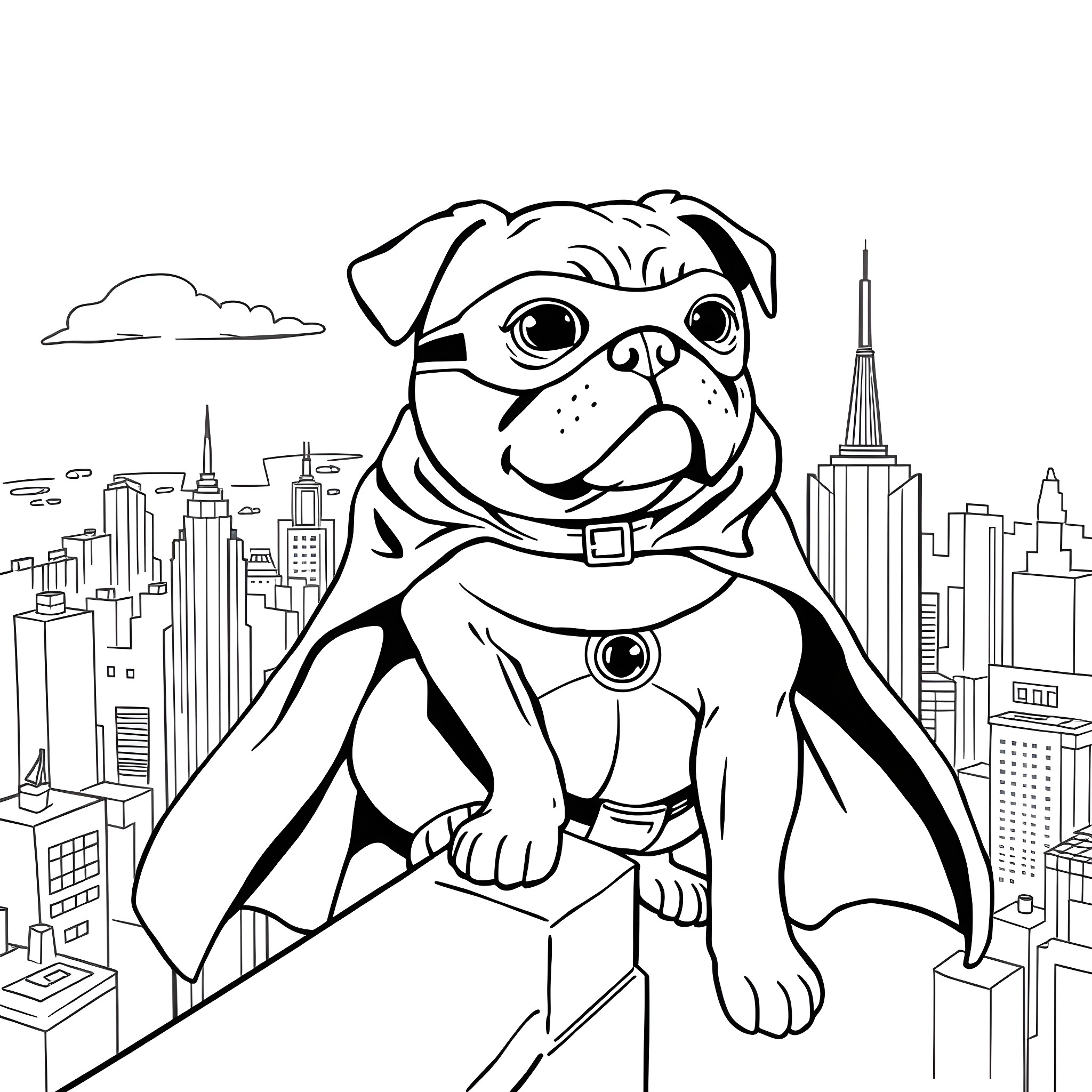 Pug superhero soaring over cityscape Coloring Page (free black-and-white line drawing printable PDF for all, from beginners to advanced learners, including children, teens, adults, and seniors)