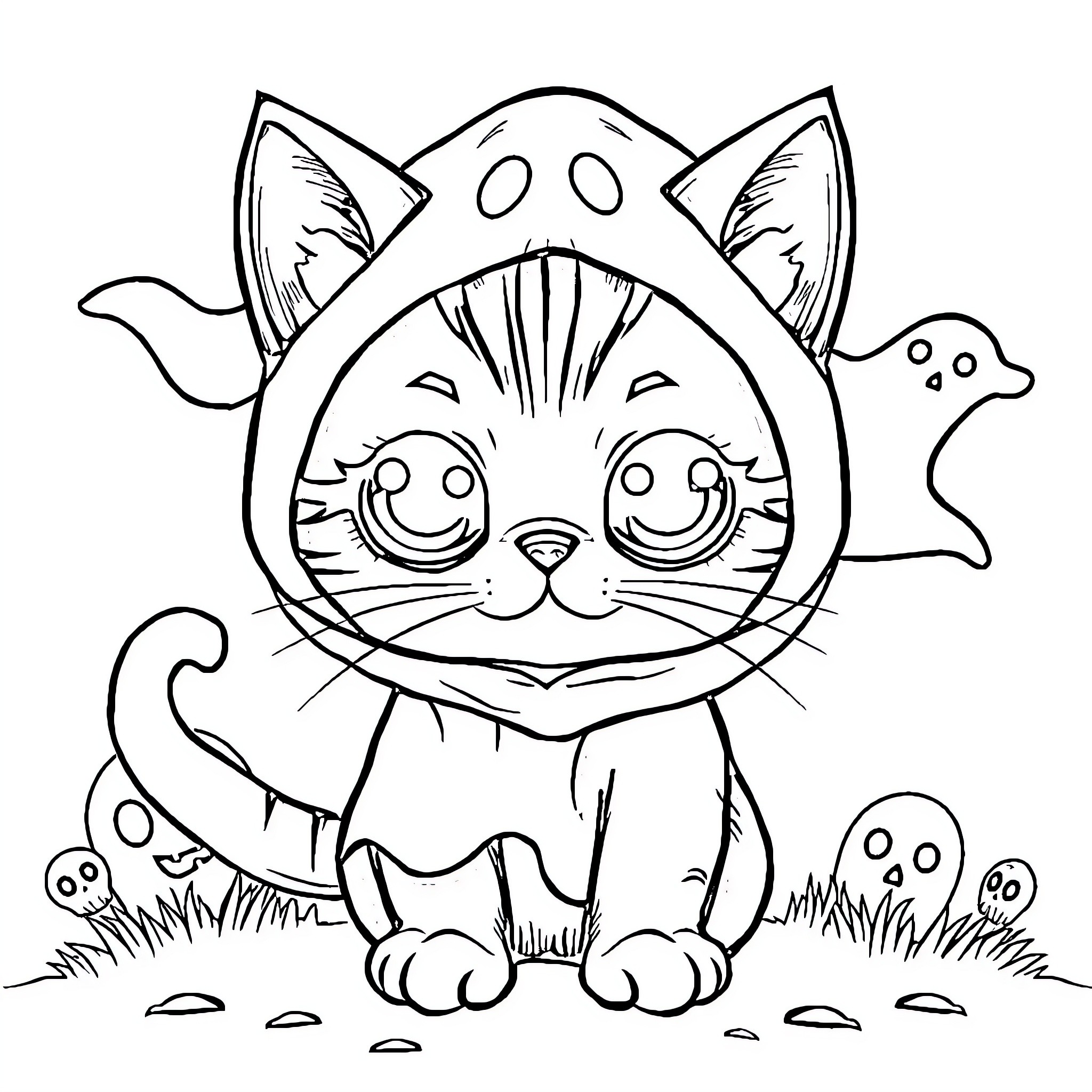 Cat wearing a cute monster costume Coloring Page (free black-and-white line drawing printable PDF for all, from beginners to advanced learners, including children, teens, adults, and seniors)