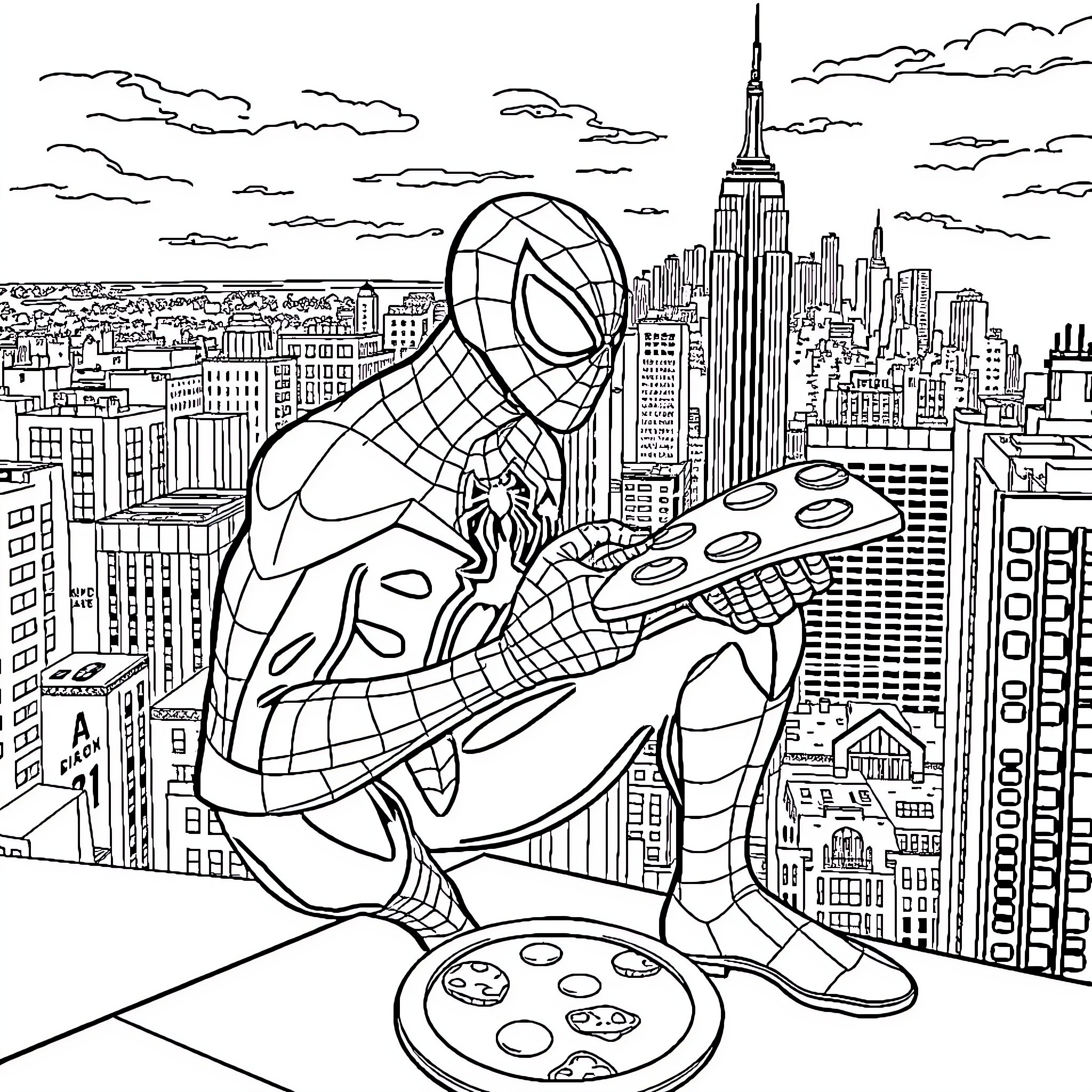 Spider-Man swinging through the city skyline Coloring Page (free black-and-white line drawing printable PDF for all, from beginners to advanced learners, including children, teens, adults, and seniors)
