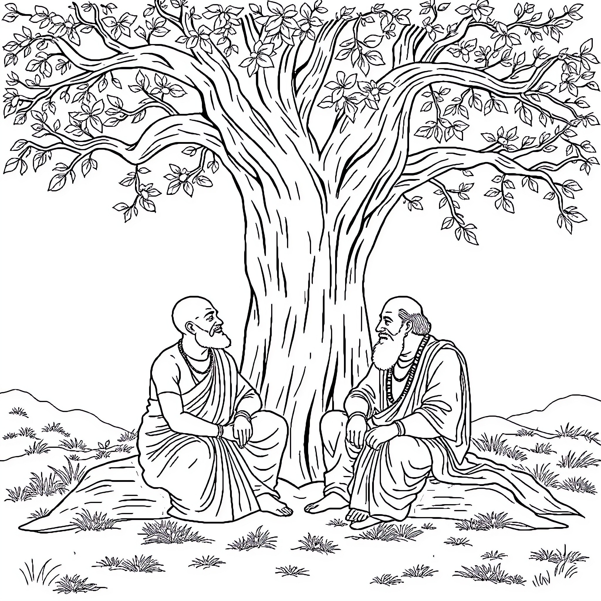 Chanakya's Discourse with a Learned Scholar Coloring Page (free black-and-white line drawing printable PDF for all, from beginners to advanced learners, including children, teens, adults, and seniors)