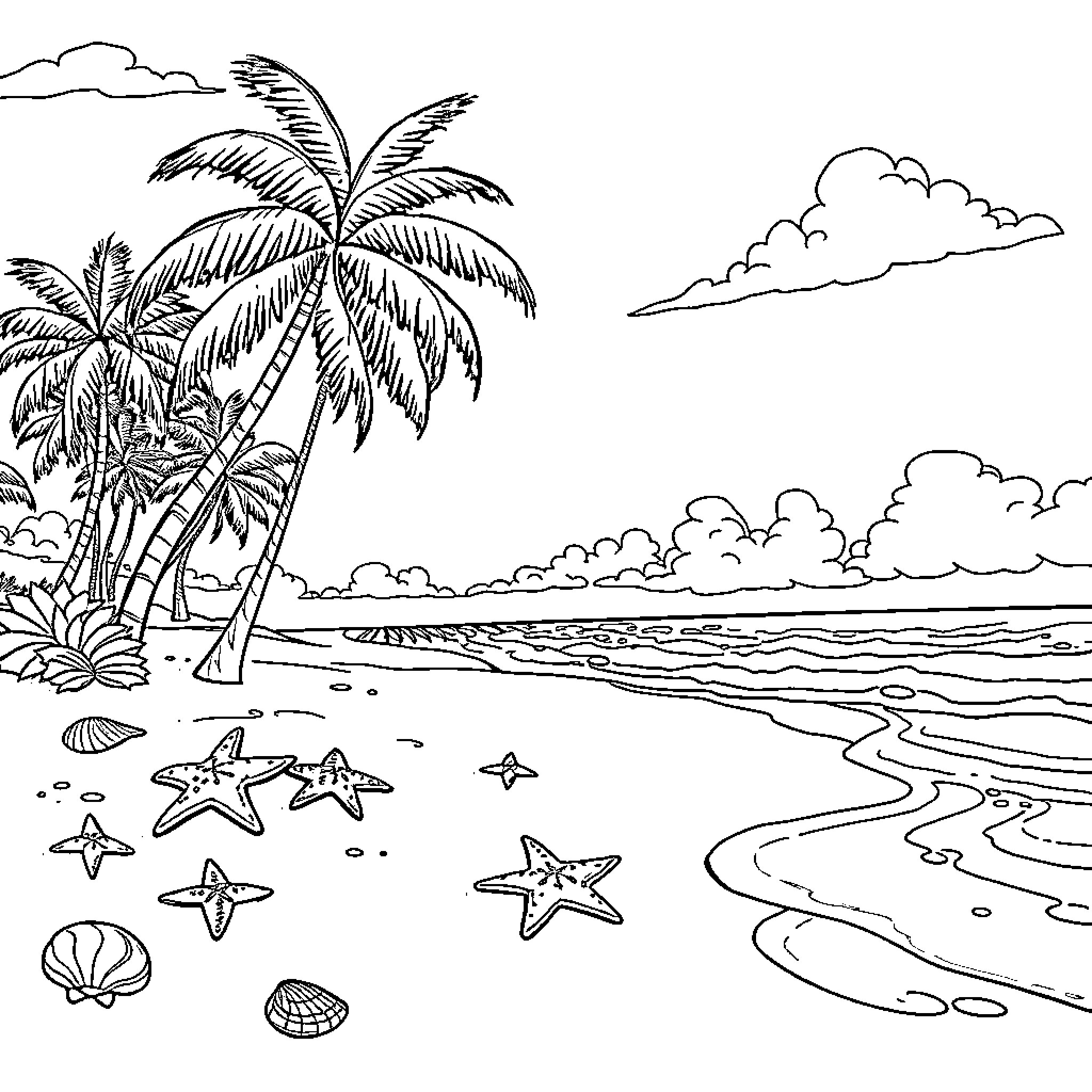 Beach scene with palm trees and starfish Coloring Page (free black-and-white line drawing printable PDF for all, from beginners to advanced learners, including children, teens, adults, and seniors)