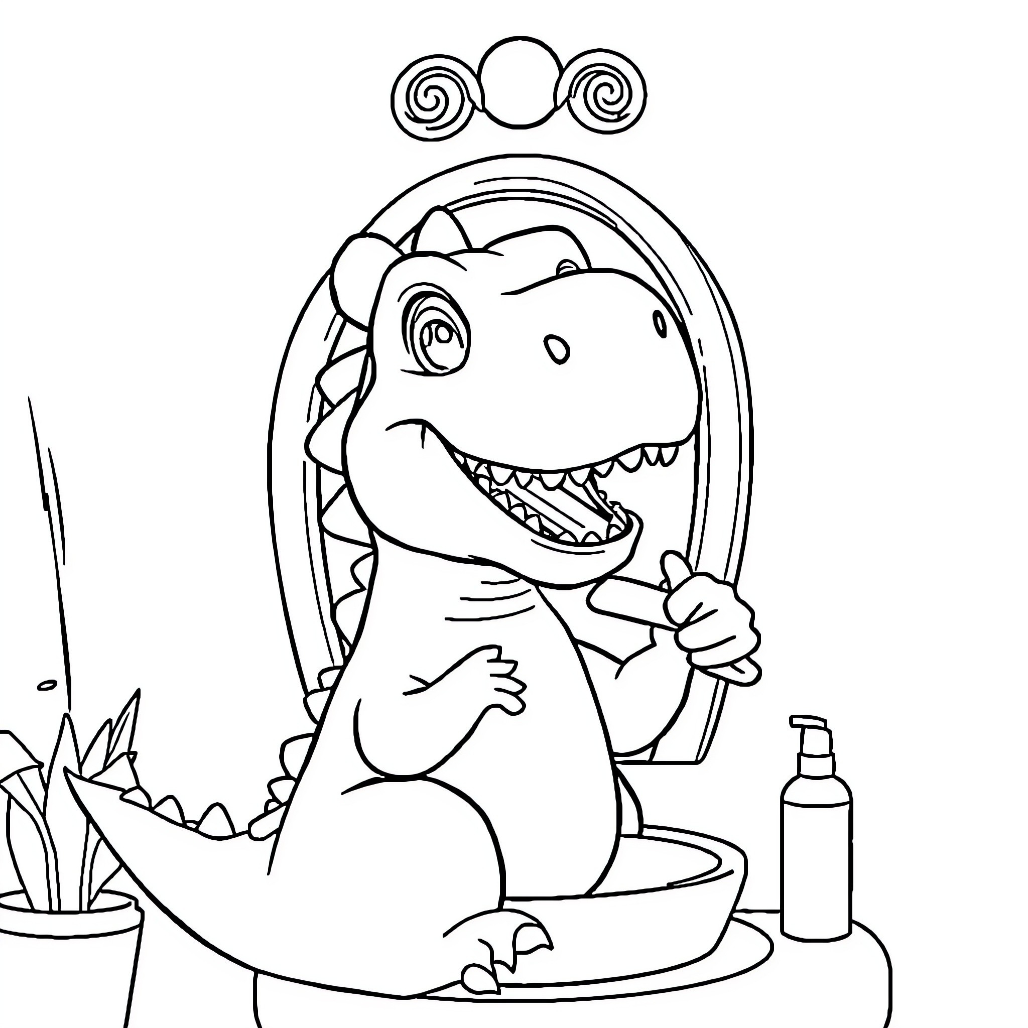 Dino grooming with haircare products Coloring Page (free black-and-white line drawing printable PDF for all, from beginners to advanced learners, including children, teens, adults, and seniors)
