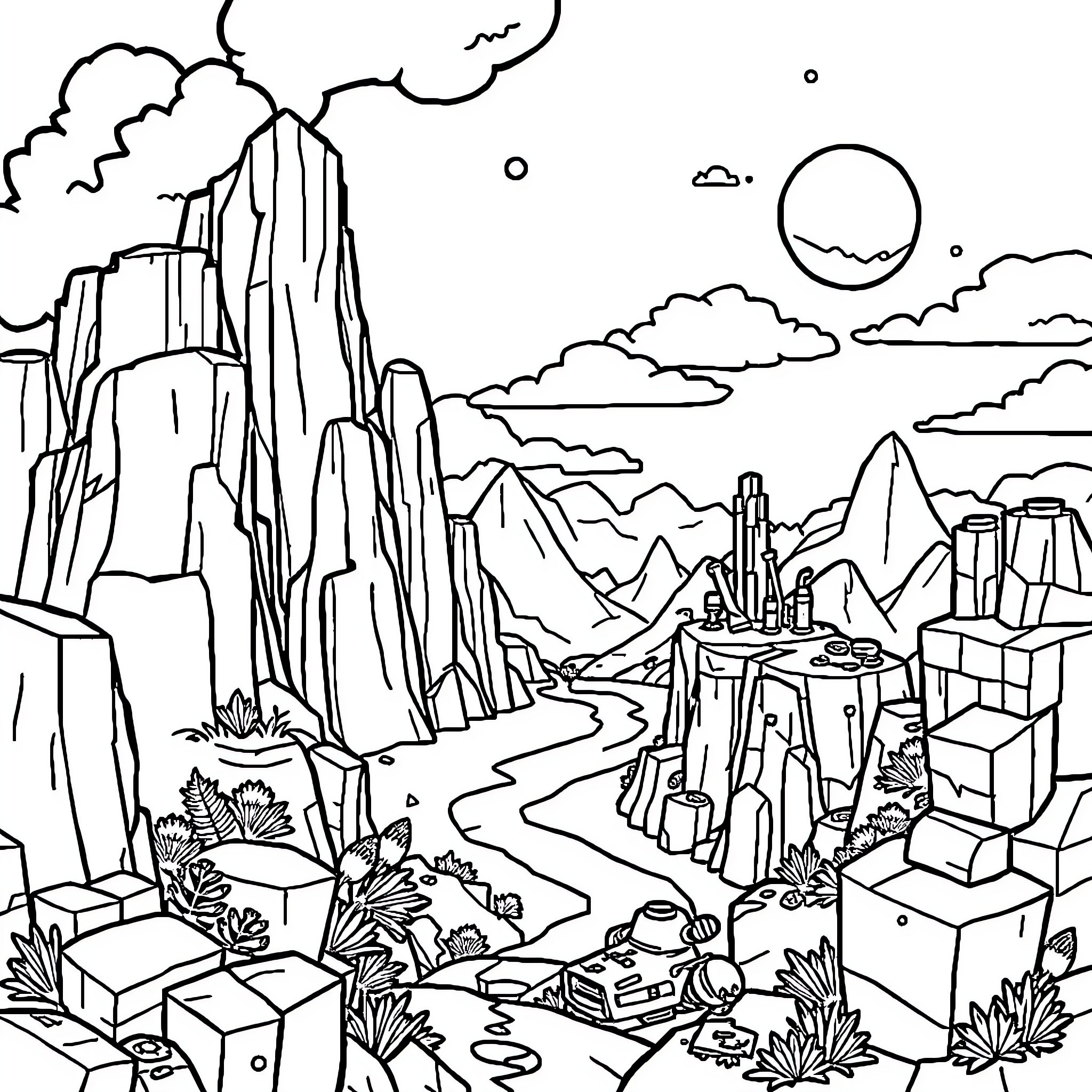 Minecraft landscape of mountains, caves, and structures Coloring Page (free black-and-white line drawing printable PDF for all, from beginners to advanced learners, including children, teens, adults, and seniors)