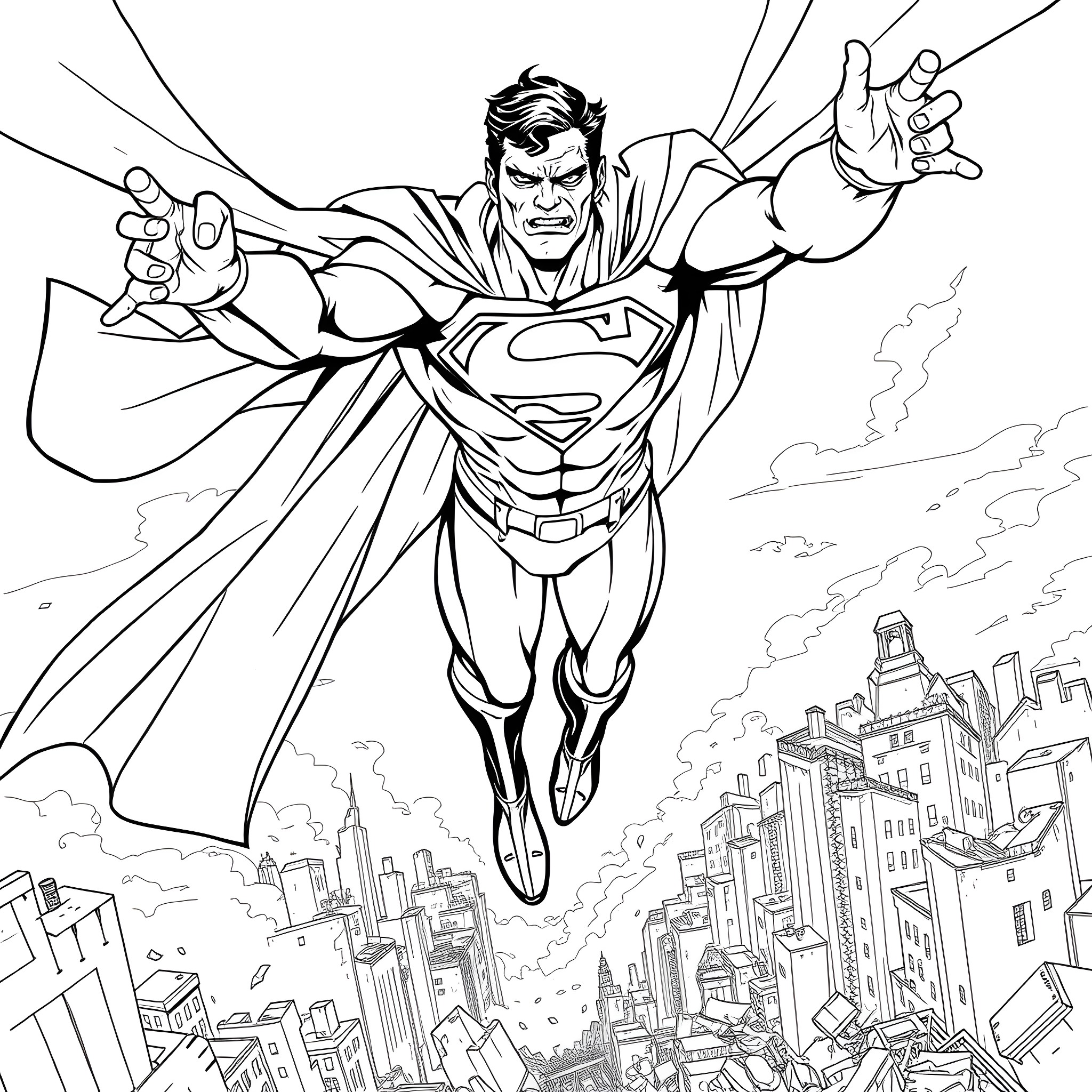 Zombie superhero soaring over the city Coloring Page (free black-and-white line drawing printable PDF for all, from beginners to advanced learners, including children, teens, adults, and seniors)