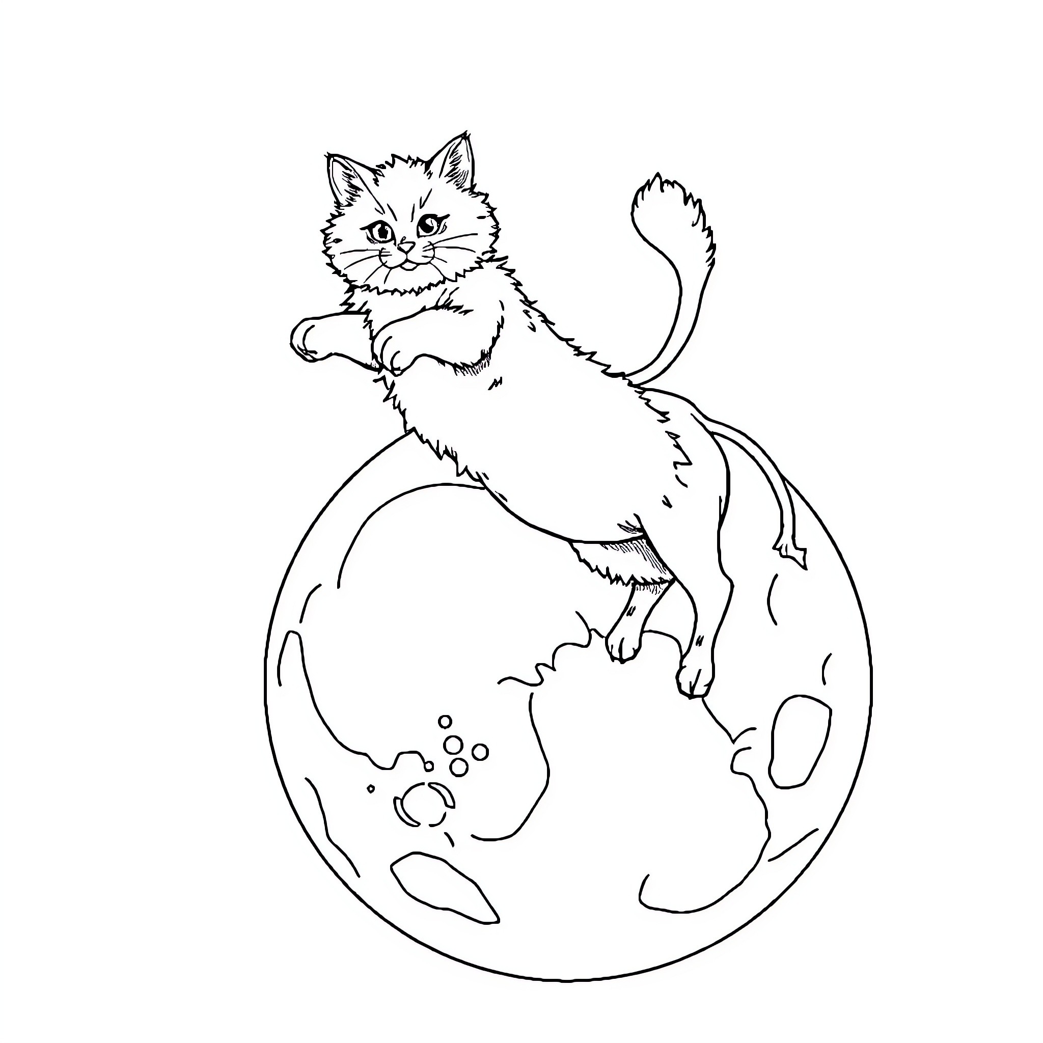 Cat sitting atop the world Coloring Page (free black-and-white line drawing printable PDF for all, from beginners to advanced learners, including children, teens, adults, and seniors)