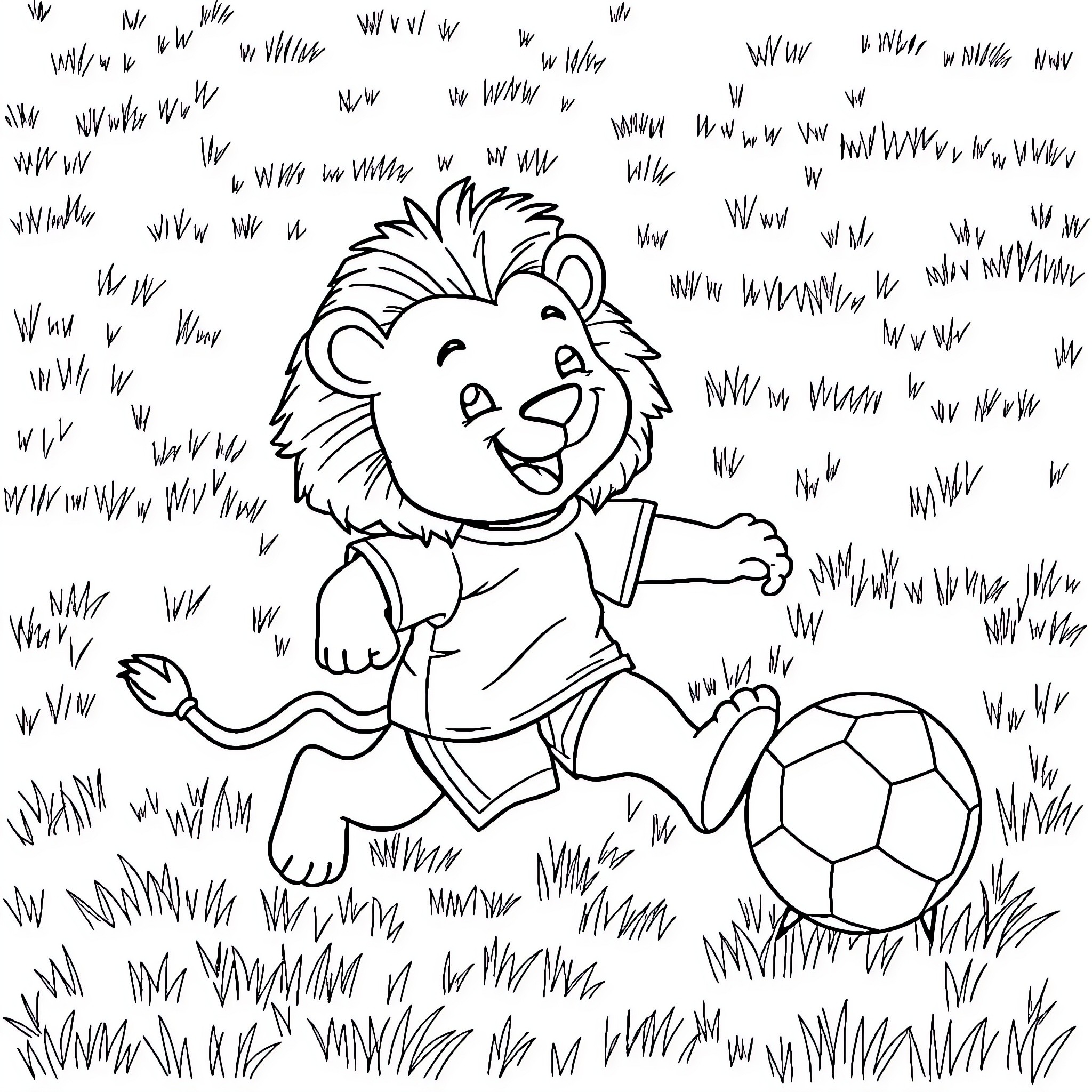 Lion playing happily with soccer ball on the grass Coloring Page (free black-and-white line drawing printable PDF for all, from beginners to advanced learners, including children, teens, adults, and seniors)