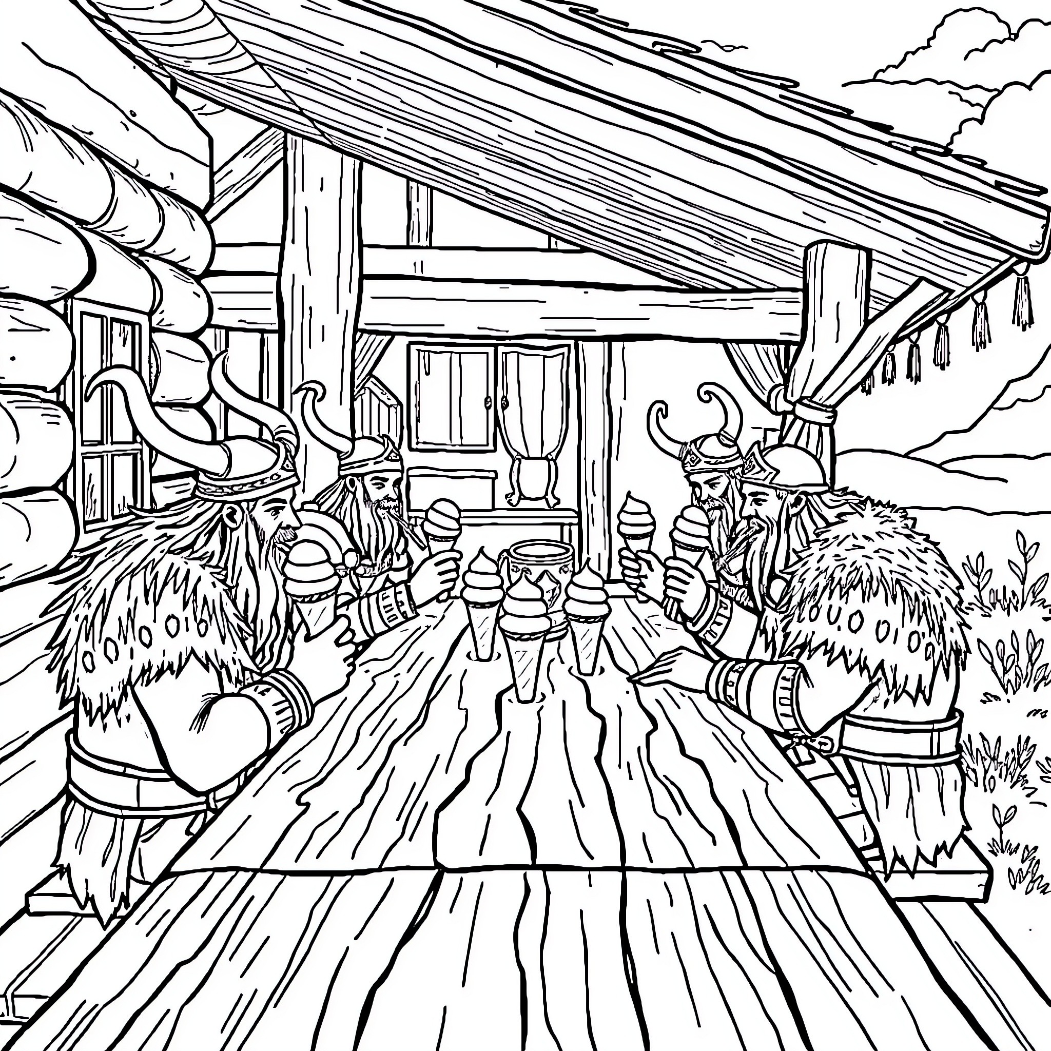 Warrior Shaman's Mystical Gathering in Tribal Village Coloring Page (free black-and-white line drawing printable PDF for all, from beginners to advanced learners, including children, teens, adults, and seniors)