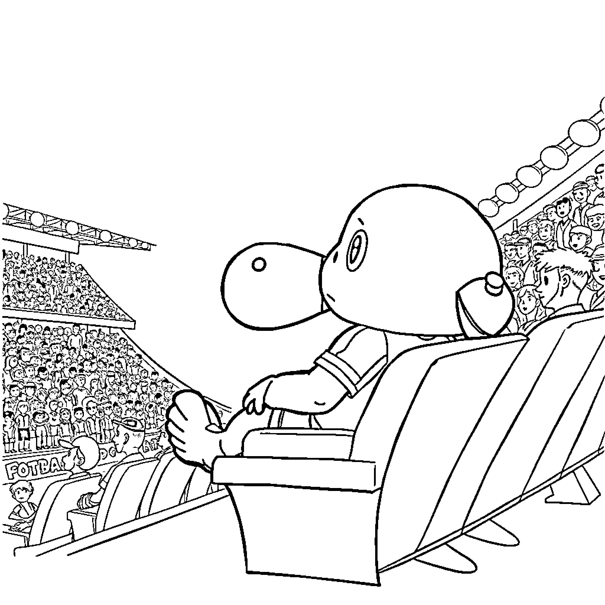 Labubu Enjoying a Sports Event Coloring Page (free black-and-white line drawing printable PDF for all, from beginners to advanced learners, including children, teens, adults, and seniors)