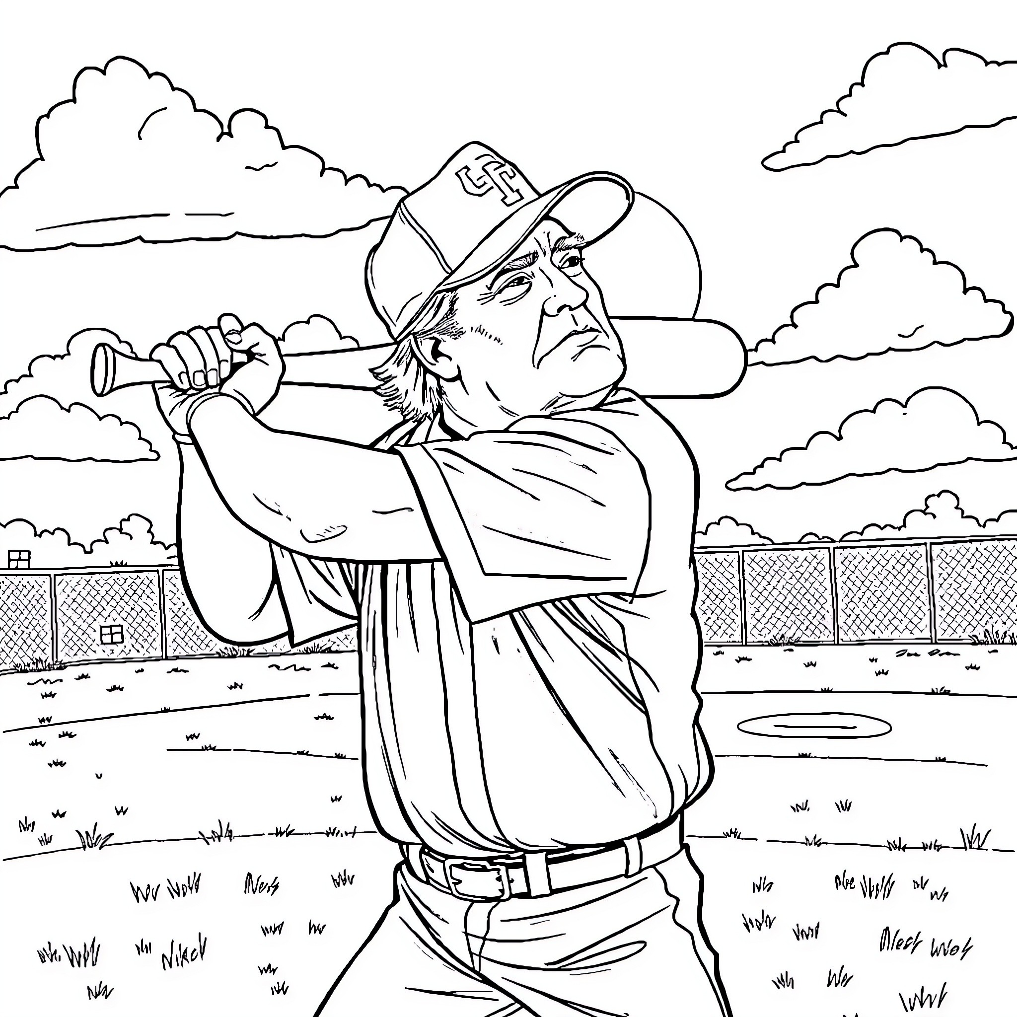 Donald Trump Golfing in Scenic Landscape Coloring Page (free black-and-white line drawing printable PDF for all, from beginners to advanced learners, including children, teens, adults, and seniors)
