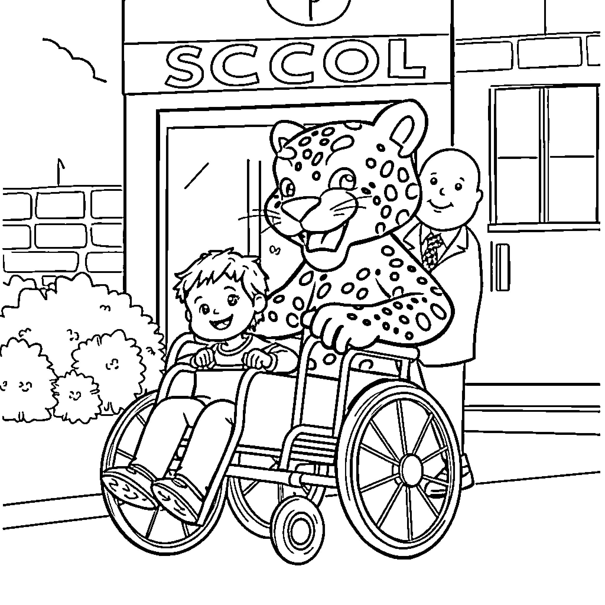 Jaguar mascot assisting student in wheelchair near school Coloring Page (free black-and-white line drawing printable PDF for all, from beginners to advanced learners, including children, teens, adults, and seniors)