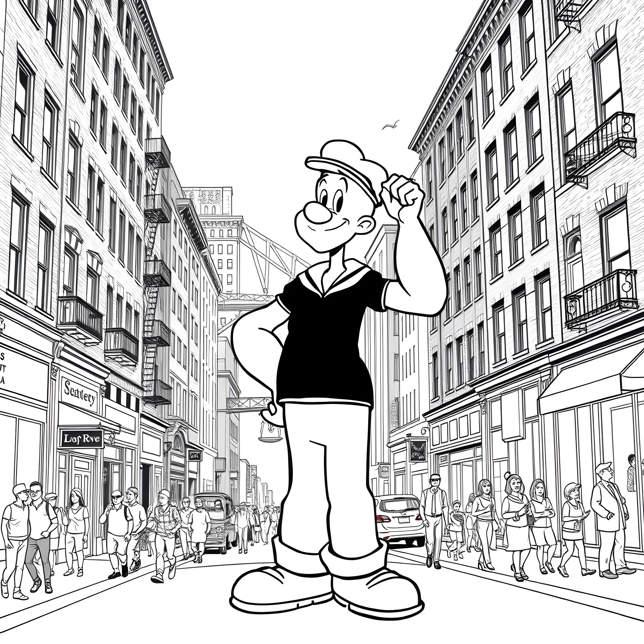 Popeye strolling through a bustling city street Coloring Page (free black-and-white line drawing printable PDF for all, from beginners to advanced learners, including children, teens, adults, and seniors)