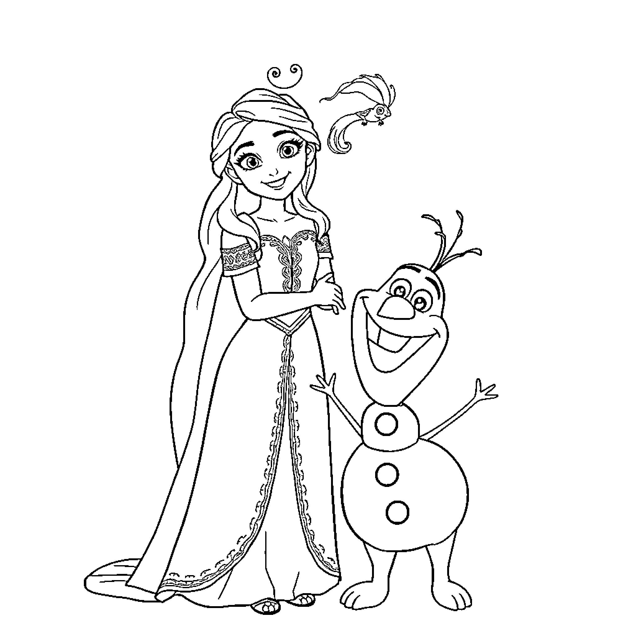 Rapunzel and Olaf's Whimsical Adventure Coloring Page (free black-and-white line drawing printable PDF for all, from beginners to advanced learners, including children, teens, adults, and seniors)