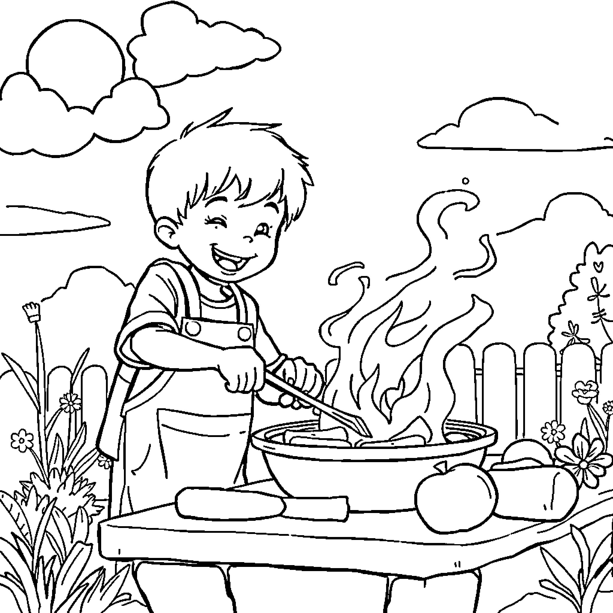 Kid cooking happily outdoors with nature Coloring Page (free black-and-white line drawing printable PDF for all, from beginners to advanced learners, including children, teens, adults, and seniors)