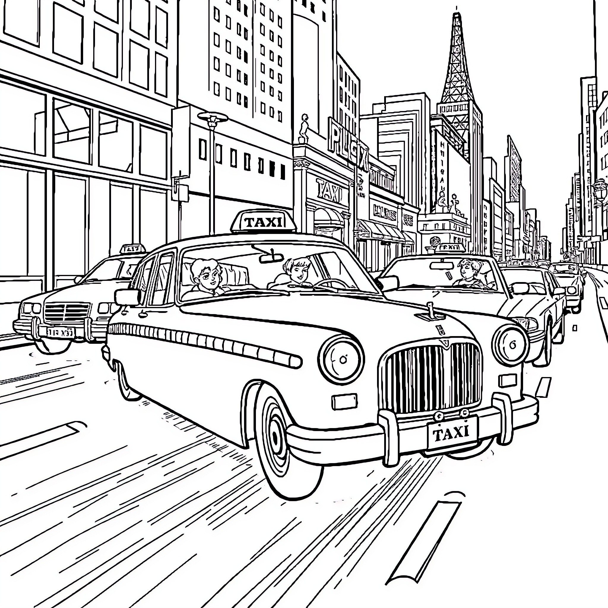 Taxi Ride Through Bustling City Streets Coloring Page (free black-and-white line drawing printable PDF for all, from beginners to advanced learners, including children, teens, adults, and seniors)