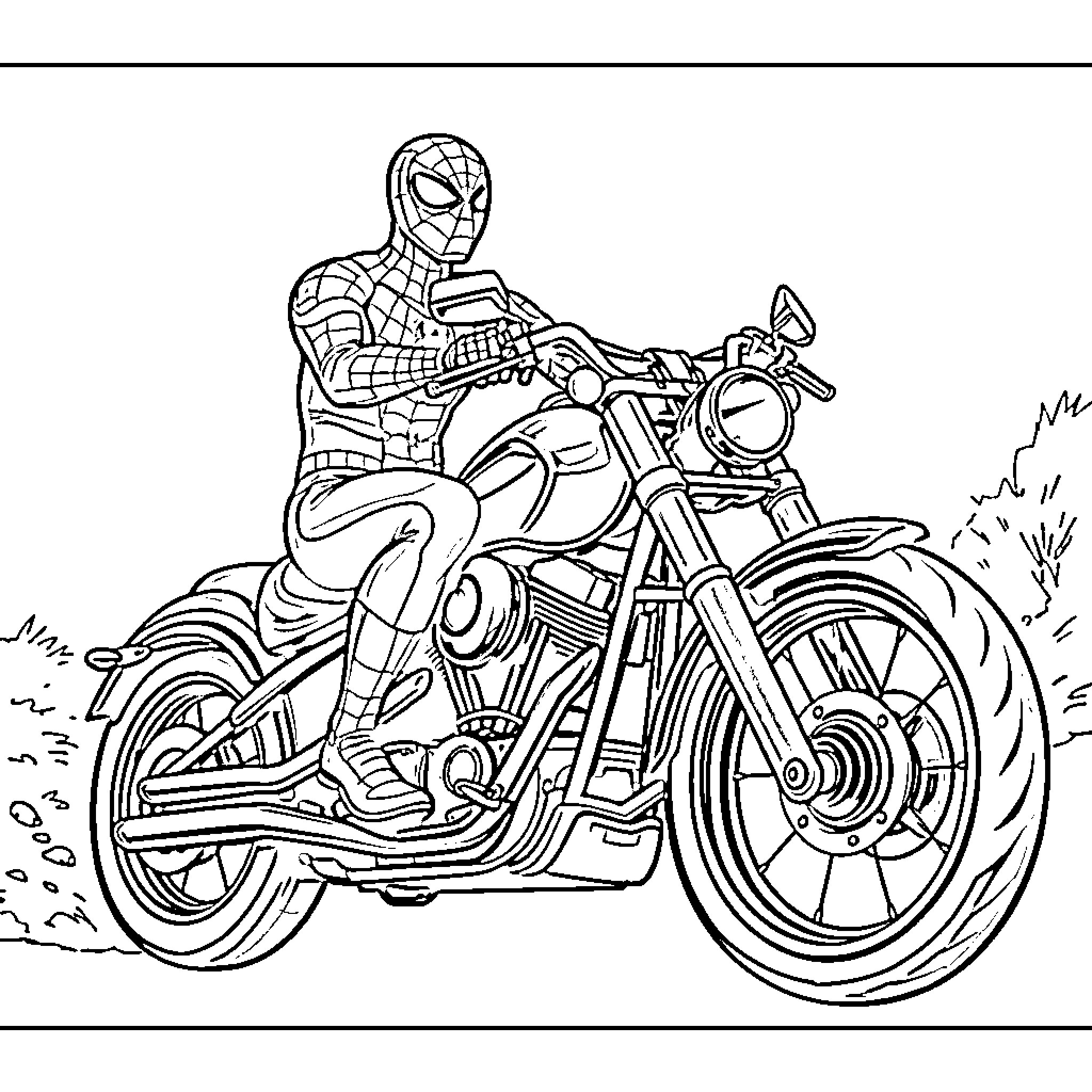 Spider-Man riding a motorcycle with speed Coloring Page (free black-and-white line drawing printable PDF for all, from beginners to advanced learners, including children, teens, adults, and seniors)