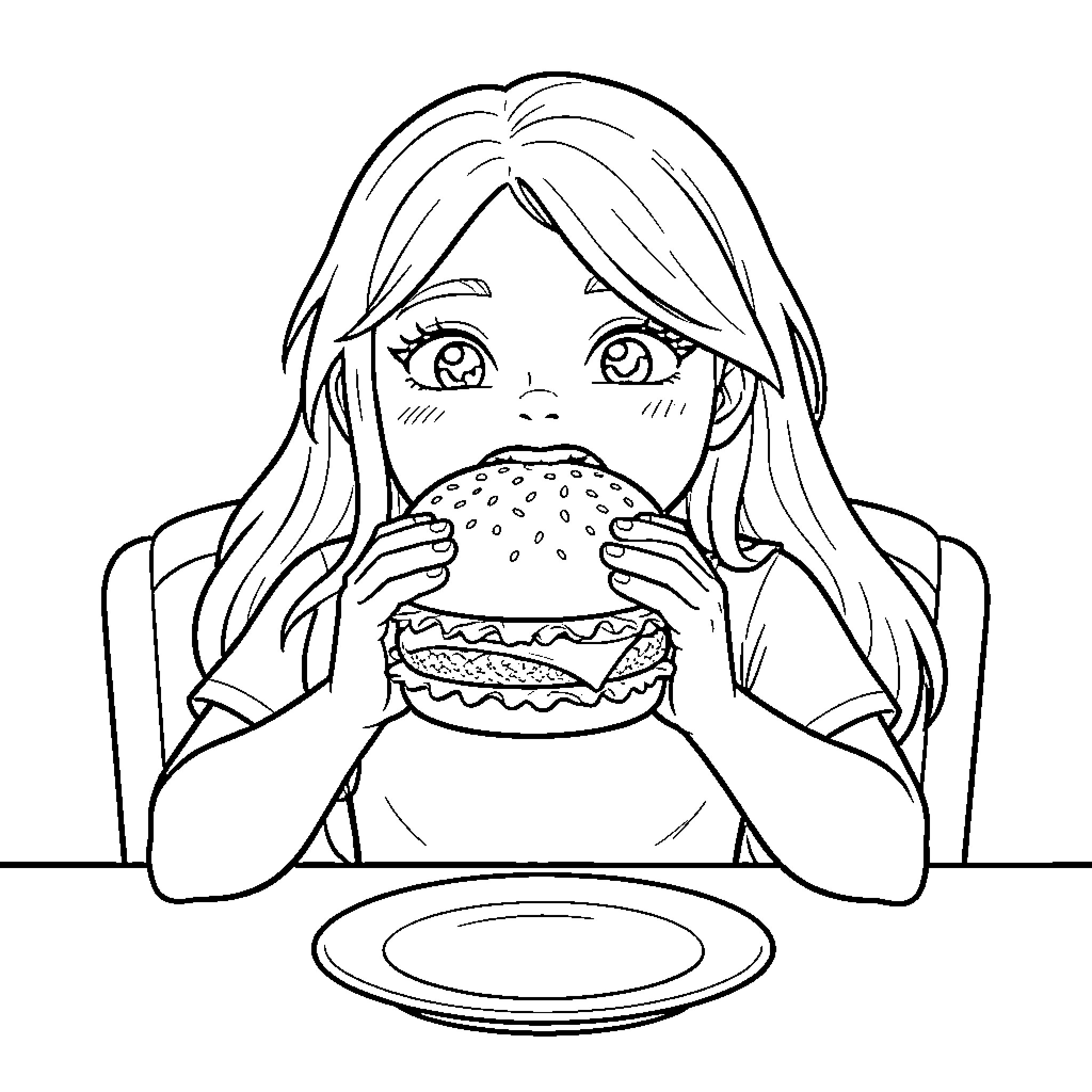Flaky girl happily eating a large burger Coloring Page (free black-and-white line drawing printable PDF for all, from beginners to advanced learners, including children, teens, adults, and seniors)