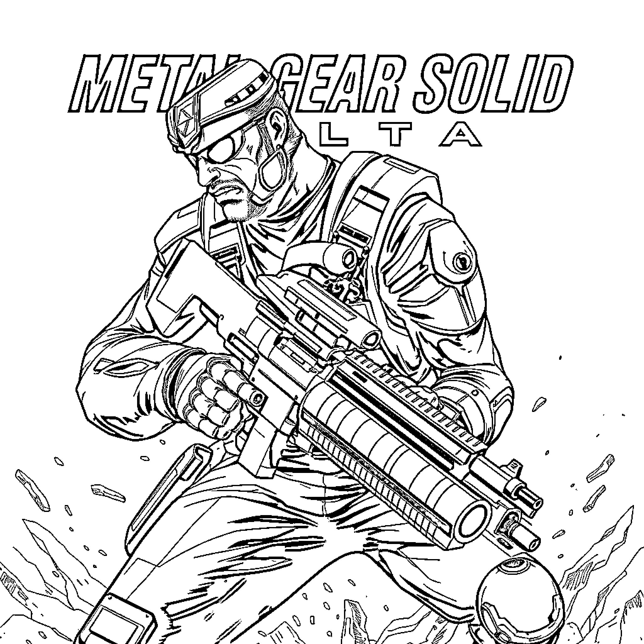 Metal Gear Solid Soldier in Action with Weapon Coloring Page (free black-and-white line drawing printable PDF for all, from beginners to advanced learners, including children, teens, adults, and seniors)