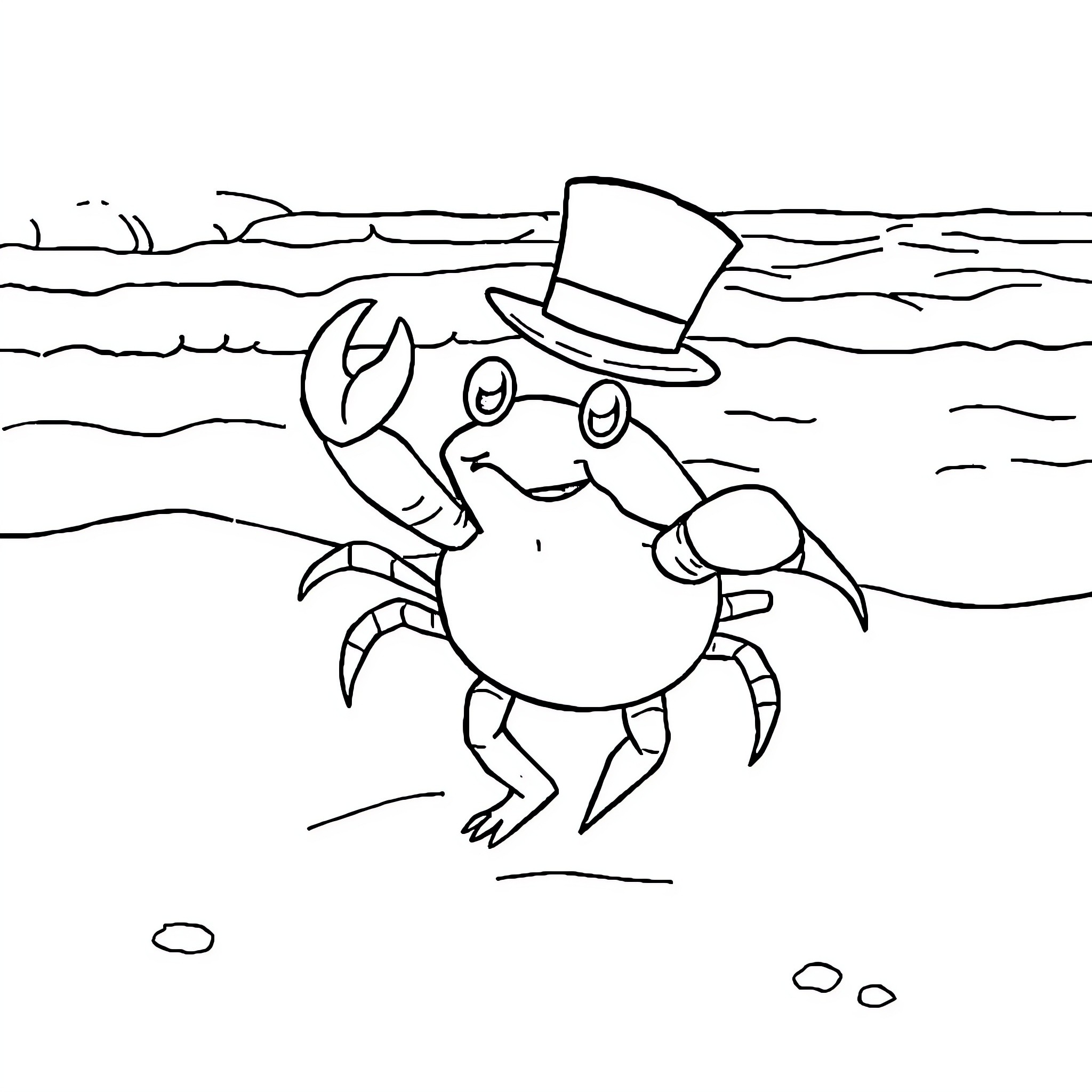 Hermit Crab in Fancy Top Hat on the Beach Coloring Page (free black-and-white line drawing printable PDF for all, from beginners to advanced learners, including children, teens, adults, and seniors)