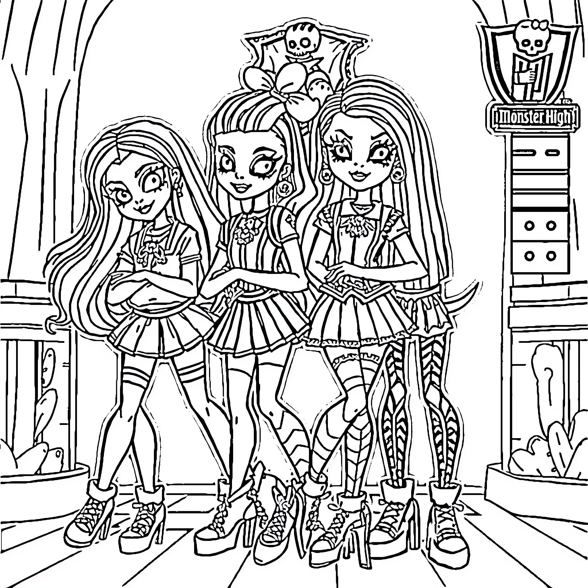 Monster High girls dressed in spooky outfits Coloring Page (free black-and-white line drawing printable PDF for all, from beginners to advanced learners, including children, teens, adults, and seniors)