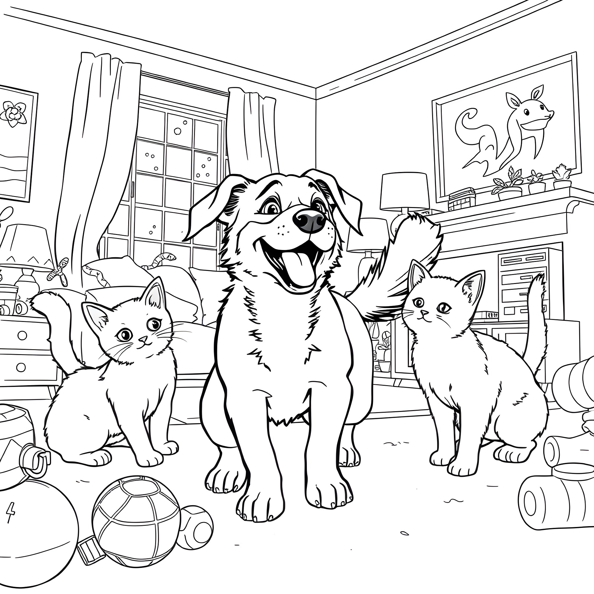 Dog and Cat playing together in the room Coloring Page (free black-and-white line drawing printable PDF for all, from beginners to advanced learners, including children, teens, adults, and seniors)