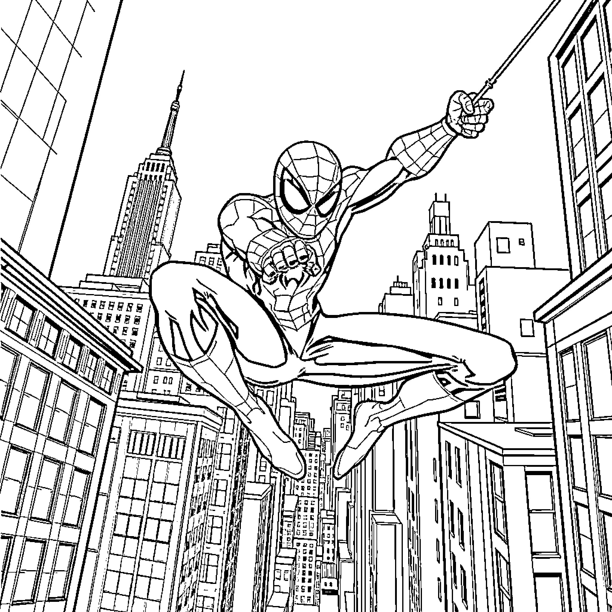 Spiderman swinging heroically through the city skyline Coloring Page (free black-and-white line drawing printable PDF for all, from beginners to advanced learners, including children, teens, adults, and seniors)