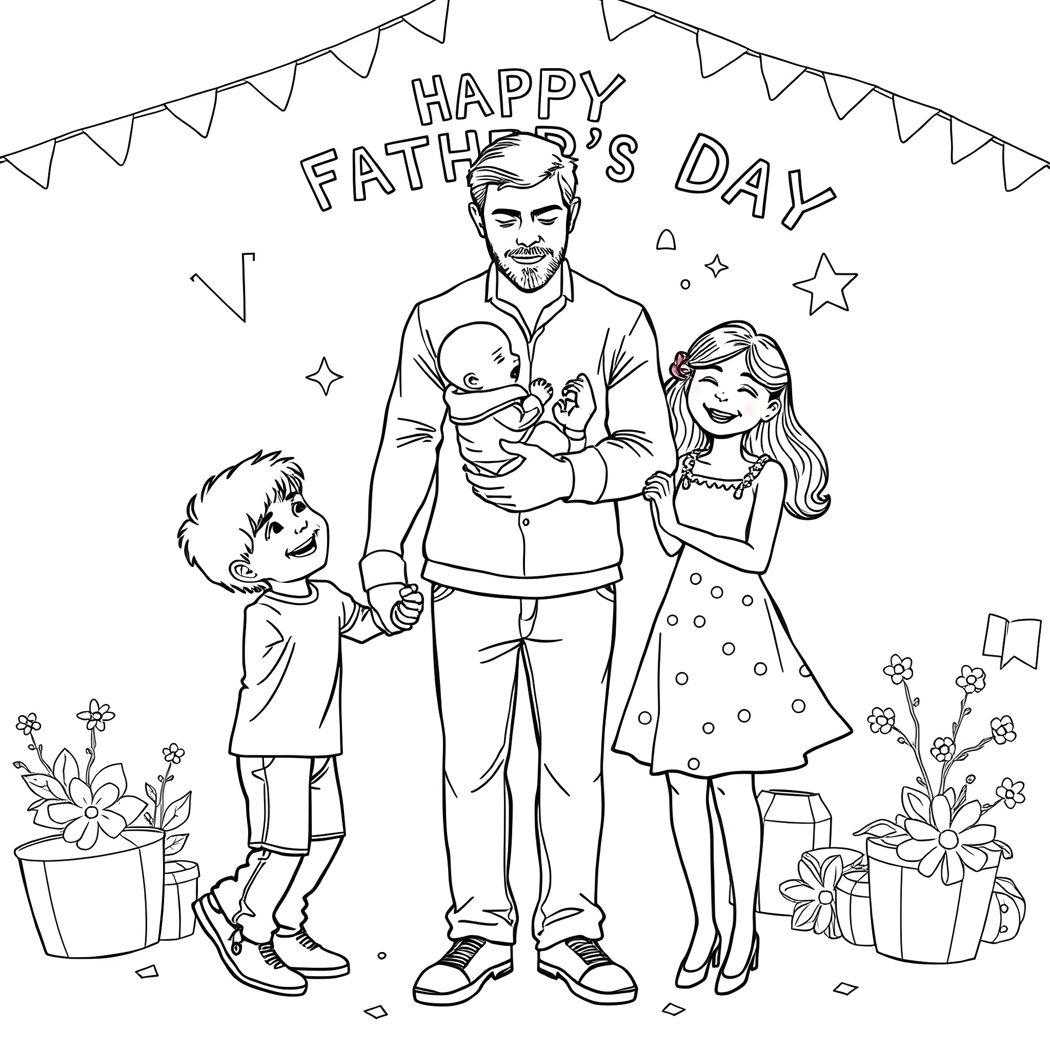 Family celebrating Happy Father's Day together Coloring Page (free black-and-white line drawing printable PDF for all, from beginners to advanced learners, including children, teens, adults, and seniors)