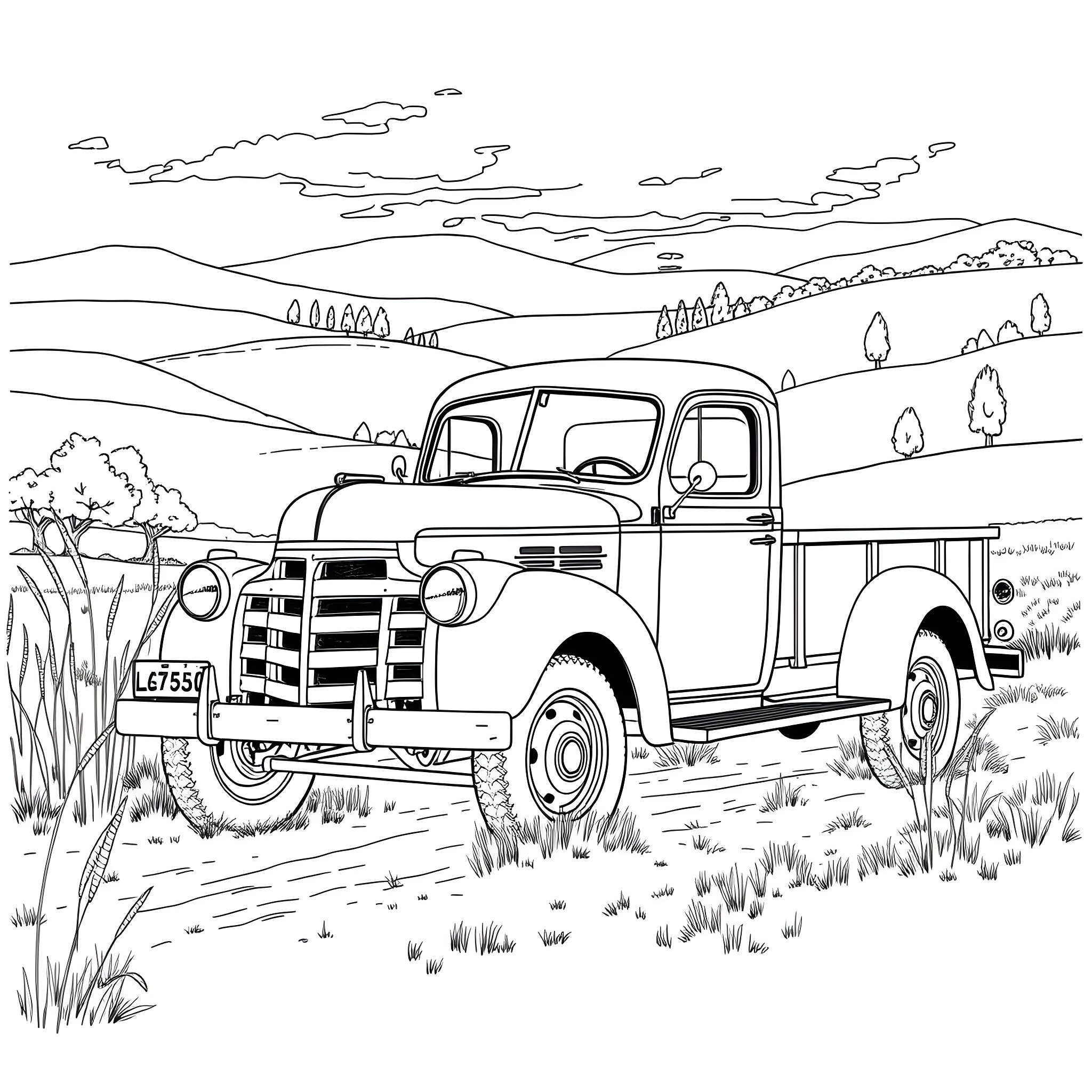 Truck on a scenic rural road Coloring Page (free black-and-white line drawing printable PDF for all, from beginners to advanced learners, including children, teens, adults, and seniors)