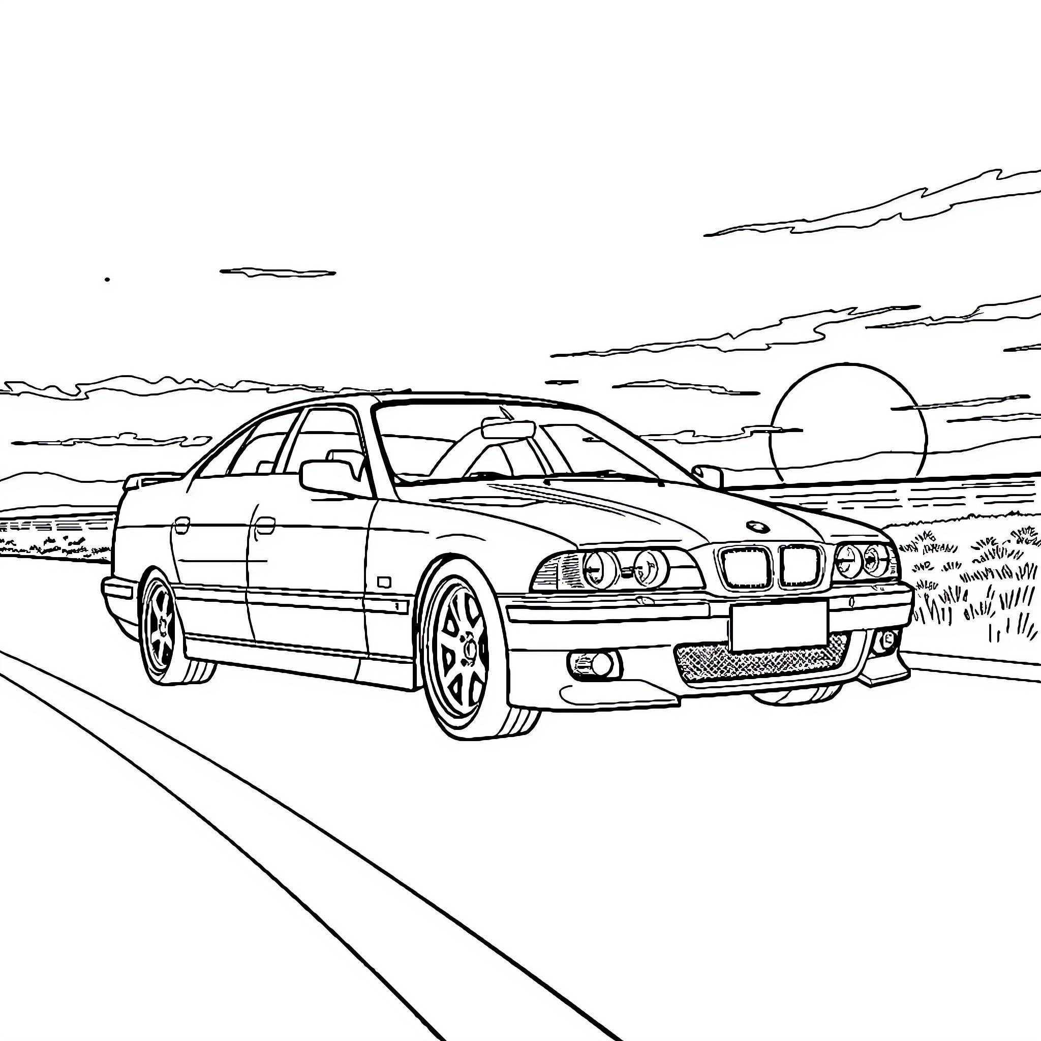 BMW sports car driving on countryside road Coloring Page (free black-and-white line drawing printable PDF for all, from beginners to advanced learners, including children, teens, adults, and seniors)