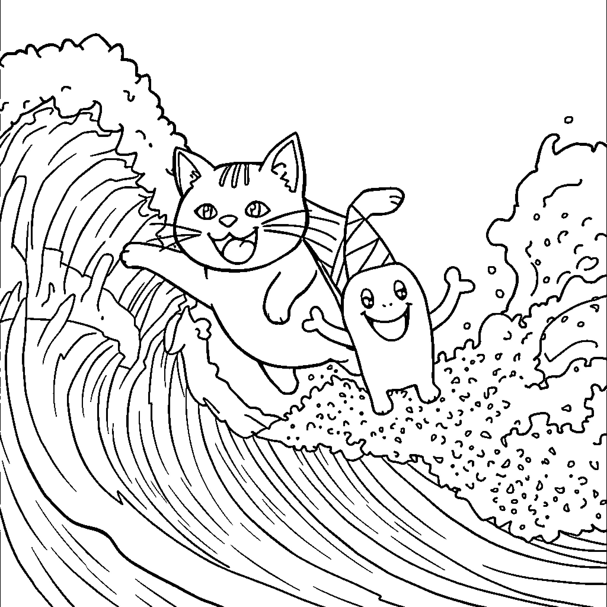 Nyan Cat surfing on the waves with a happy companion Coloring Page (free black-and-white line drawing printable PDF for all, from beginners to advanced learners, including children, teens, adults, and seniors)