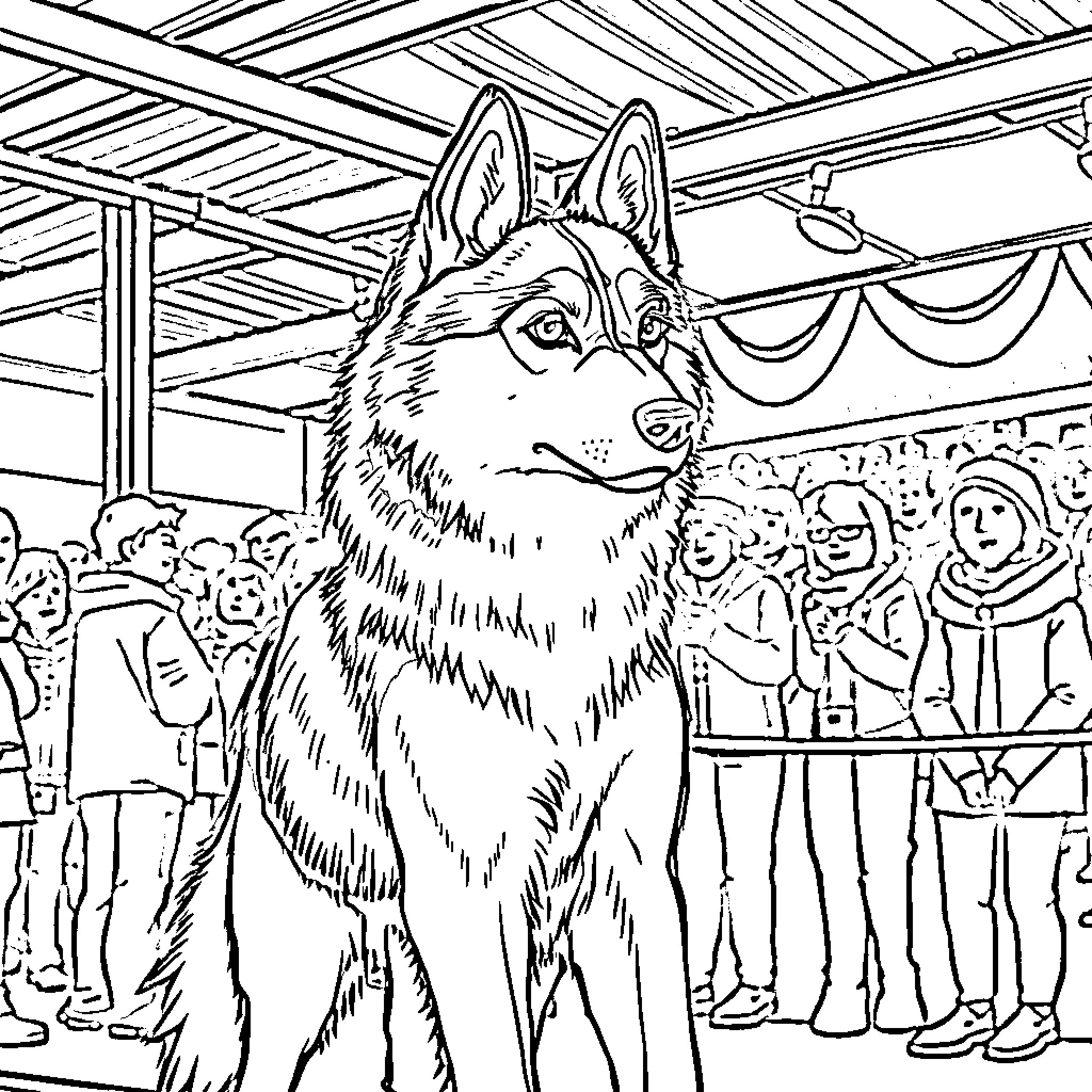 Siberian Husky in a Lively Crowd Coloring Page (free black-and-white line drawing printable PDF for all, from beginners to advanced learners, including children, teens, adults, and seniors)