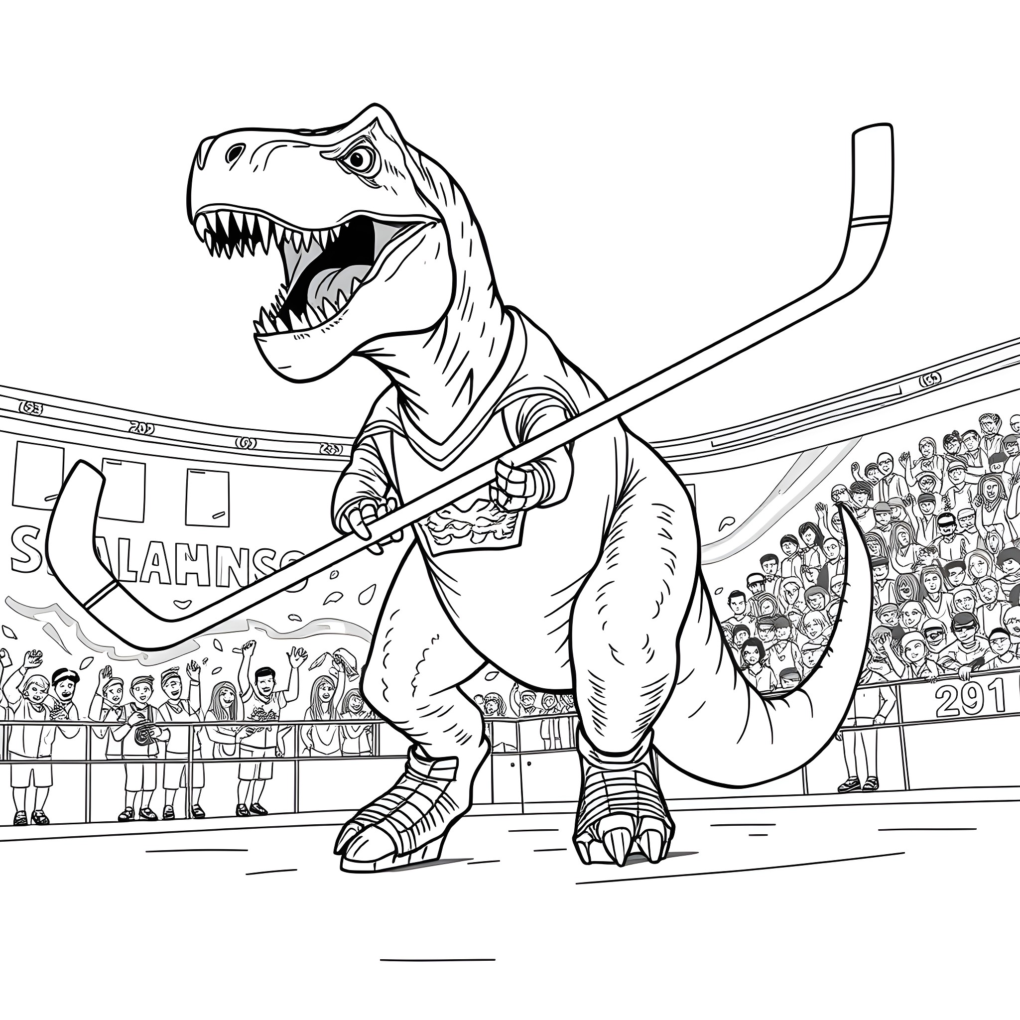 Tyrannosaurus Rex Playing Hockey in the Stadium Coloring Page (free black-and-white line drawing printable PDF for all, from beginners to advanced learners, including children, teens, adults, and seniors)