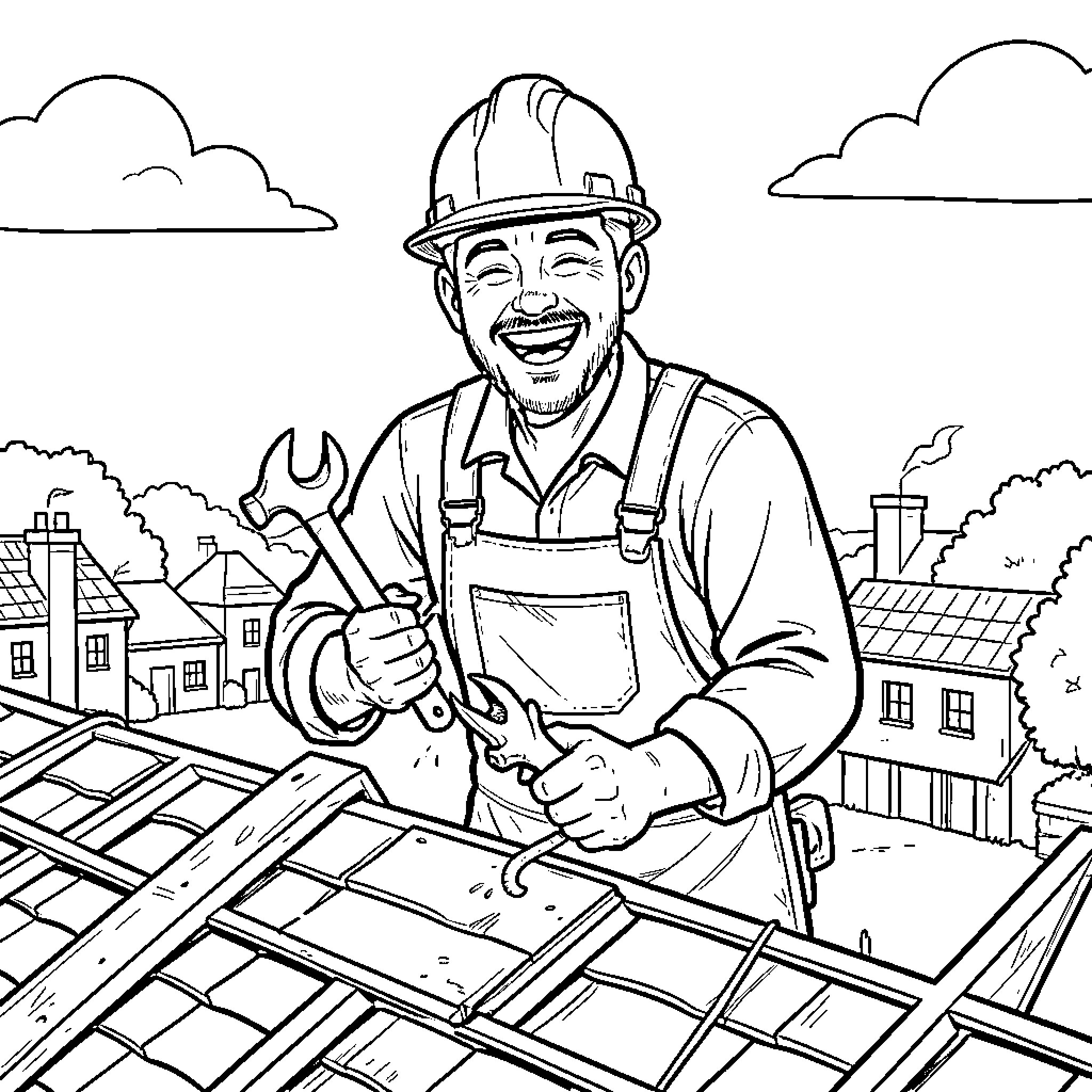 Mason smiling while working on a rooftop with tools Coloring Page (free black-and-white line drawing printable PDF for all, from beginners to advanced learners, including children, teens, adults, and seniors)