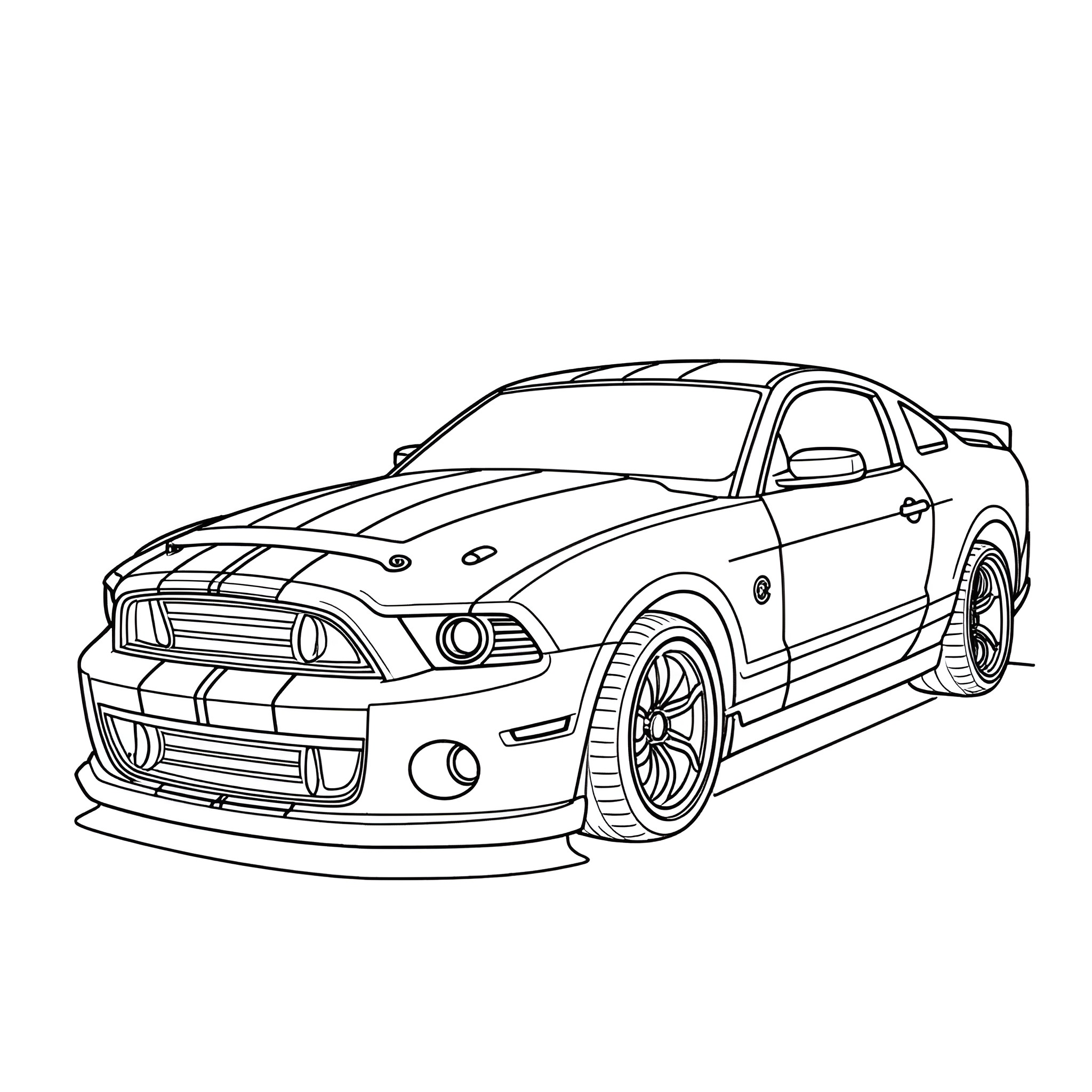 Shelby GT500 sports car on the road Coloring Page (free black-and-white line drawing printable PDF for all, from beginners to advanced learners, including children, teens, adults, and seniors)