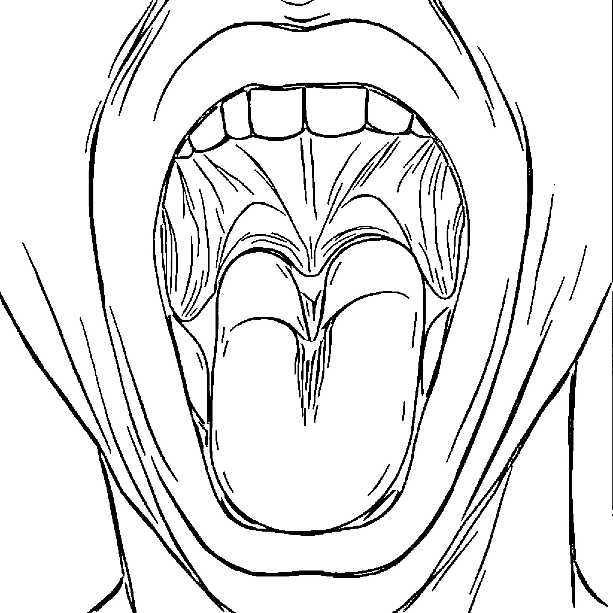 Throat Expressive Yawning Illustration Coloring Page (free black-and-white line drawing printable PDF for all, from beginners to advanced learners, including children, teens, adults, and seniors)