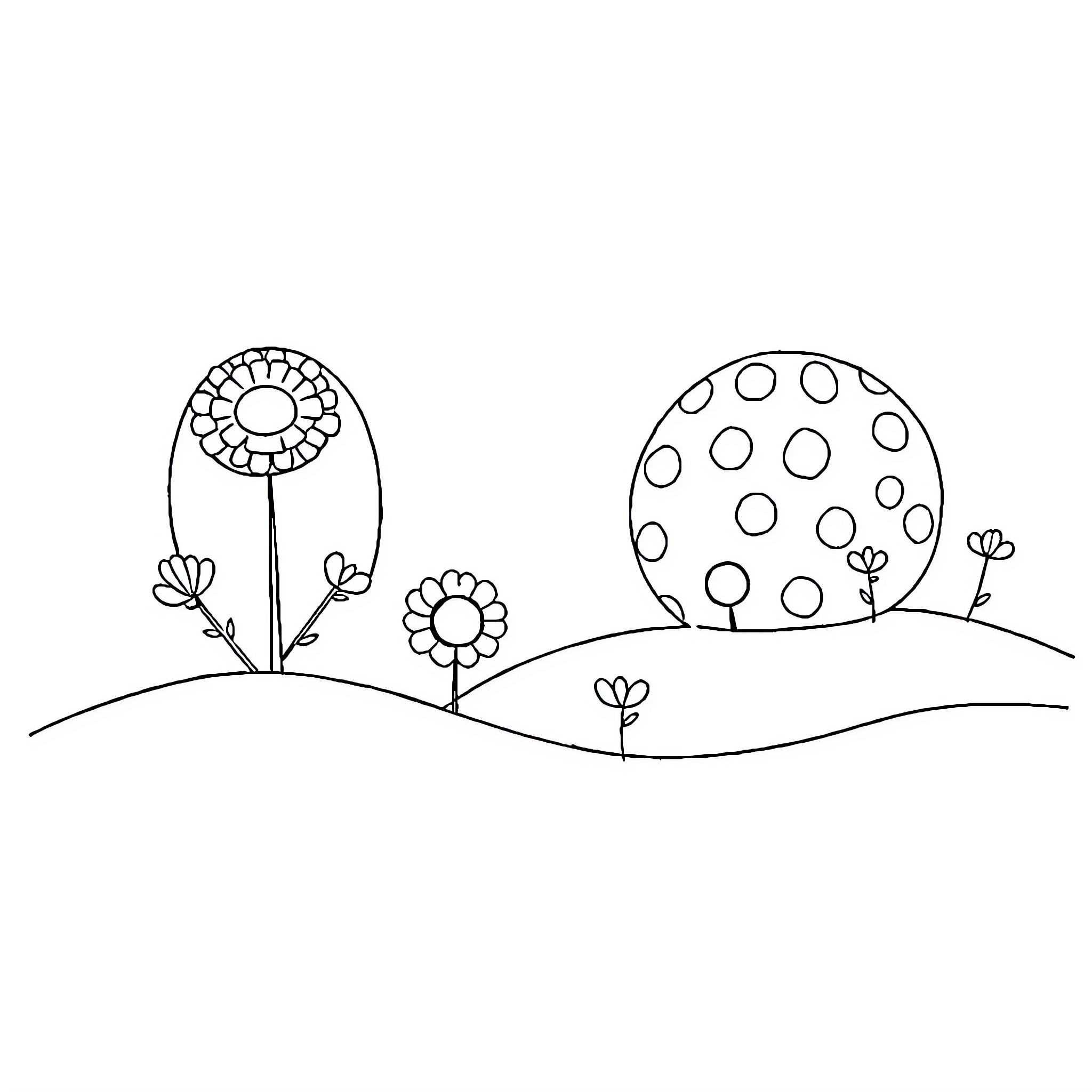 Waldorf whimsical floral garden scene Coloring Page (free black-and-white line drawing printable PDF for all, from beginners to advanced learners, including children, teens, adults, and seniors)