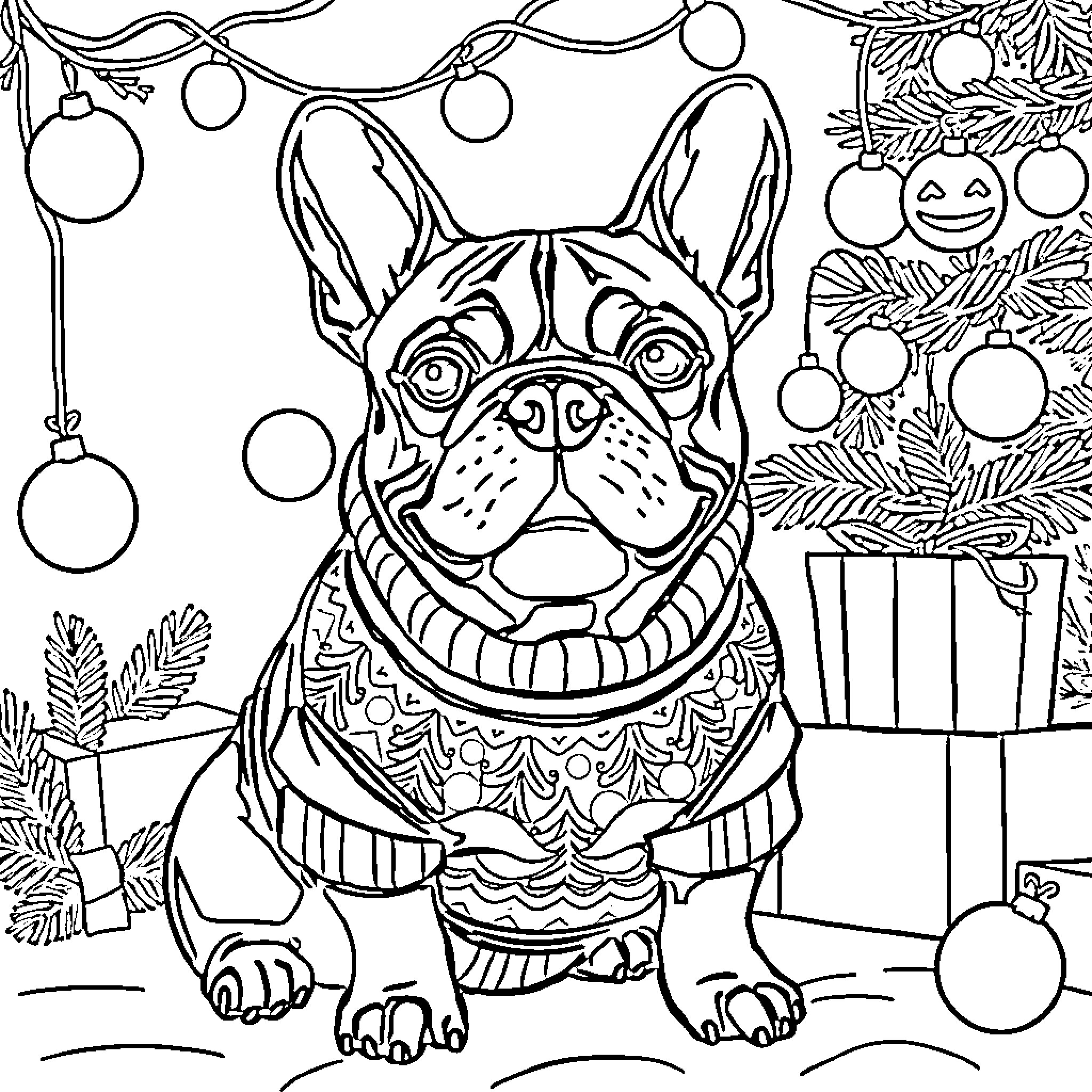French Bulldog Celebrating the Holidays Coloring Page (free black-and-white line drawing printable PDF for all, from beginners to advanced learners, including children, teens, adults, and seniors)