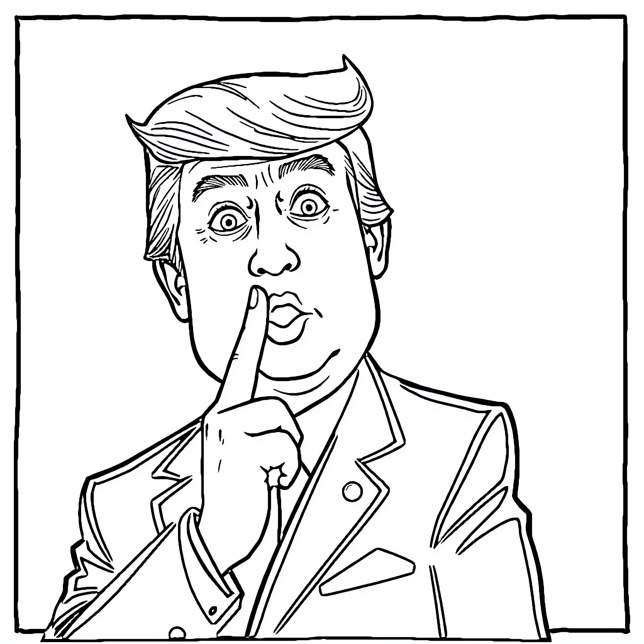 Trump's Contemplative Gesture in Formal Attire Coloring Page (free black-and-white line drawing printable PDF for all, from beginners to advanced learners, including children, teens, adults, and seniors)