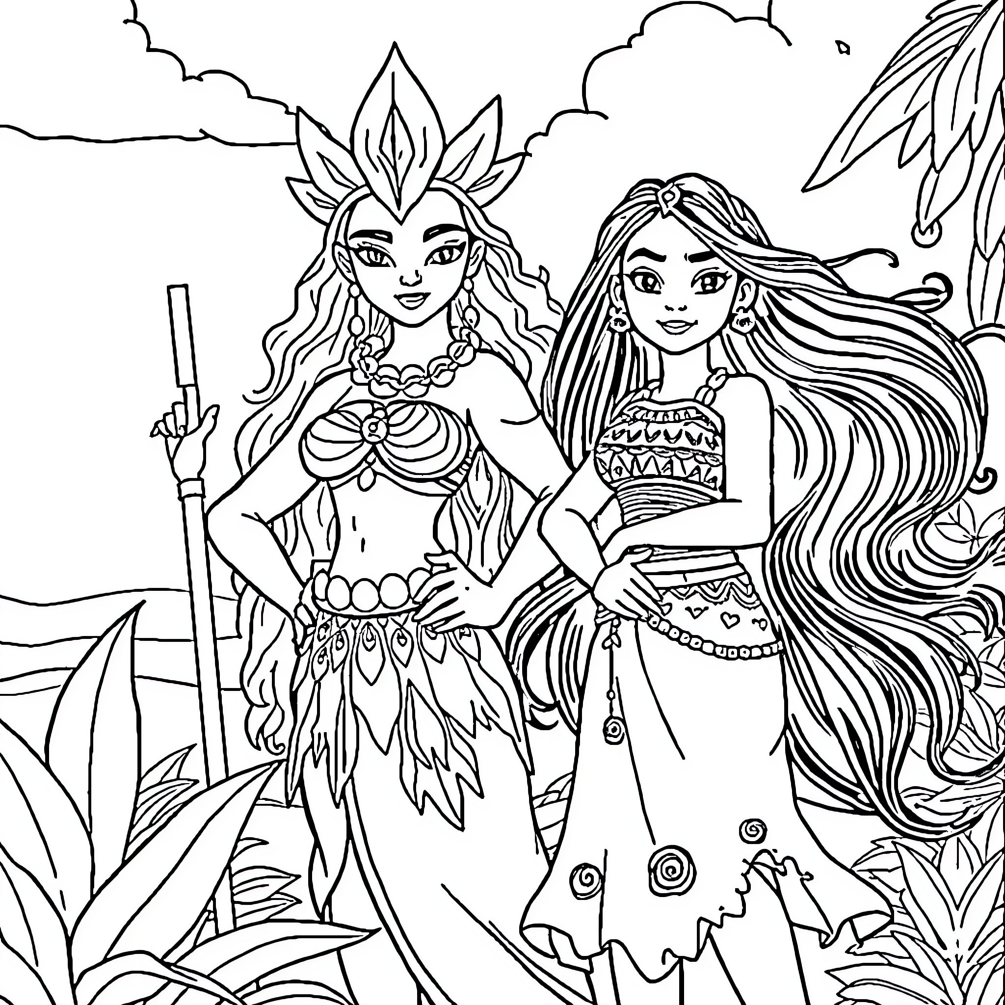 Tefiti: Two young women in tropical outfits Coloring Page (free black-and-white line drawing printable PDF for all, from beginners to advanced learners, including children, teens, adults, and seniors)