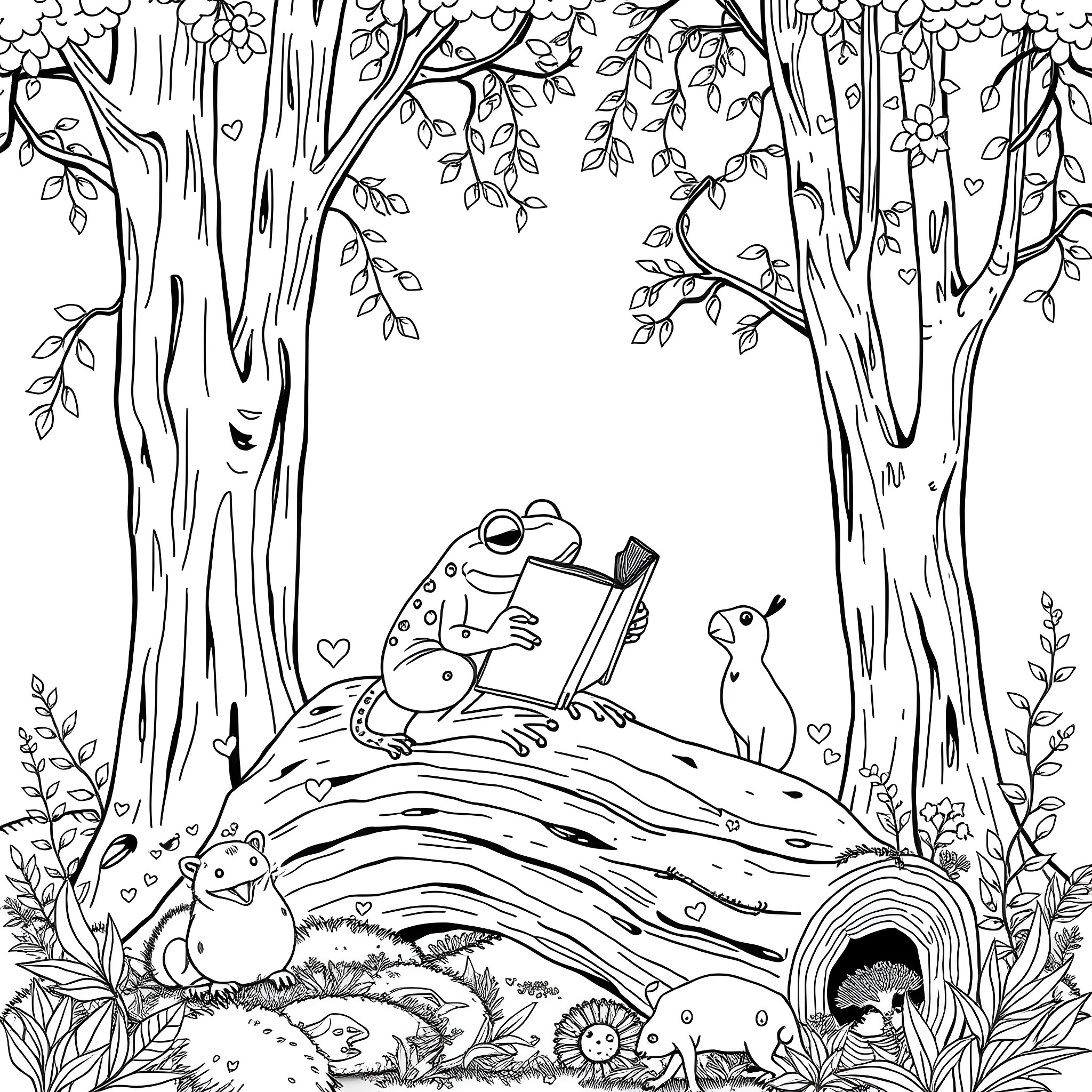Frog reading a book in a whimsical forest Coloring Page (free black-and-white line drawing printable PDF for all, from beginners to advanced learners, including children, teens, adults, and seniors)