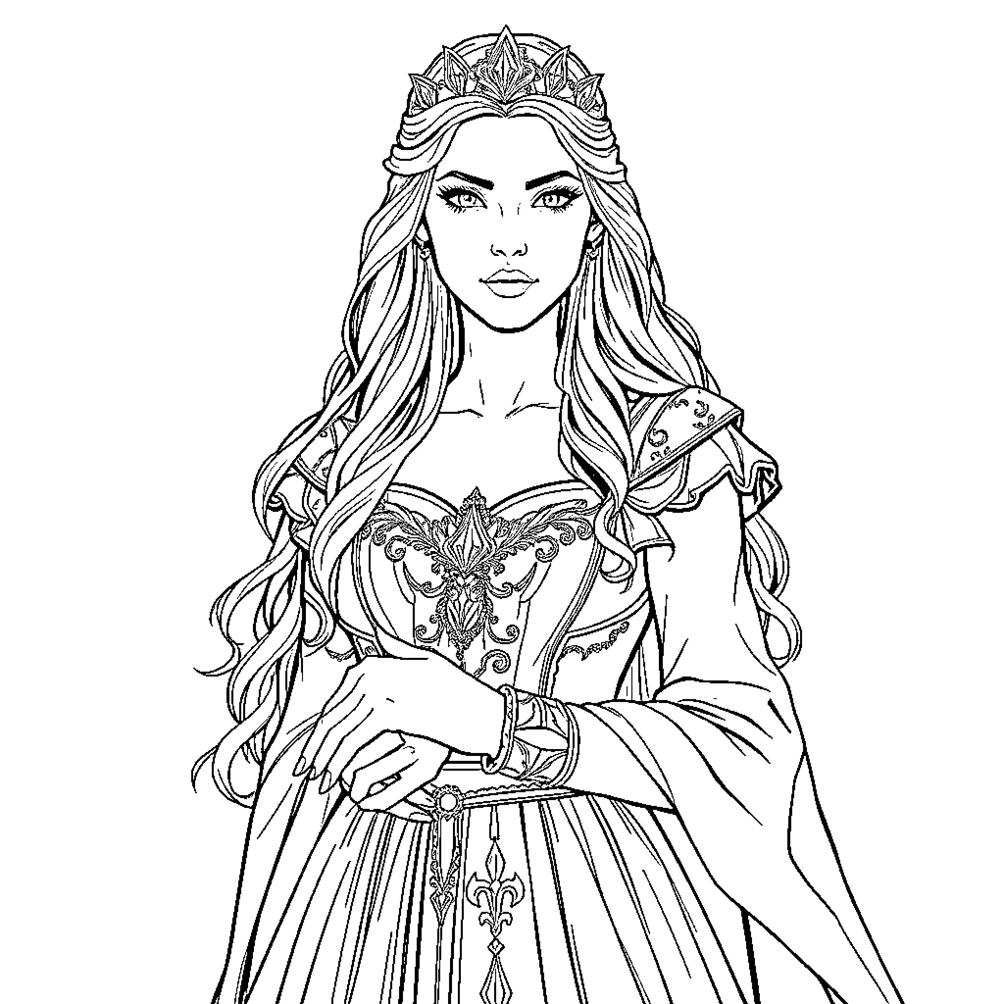 Aelin, the Elegant Fantasy Queen Coloring Page (free black-and-white line drawing printable PDF for all, from beginners to advanced learners, including children, teens, adults, and seniors)
