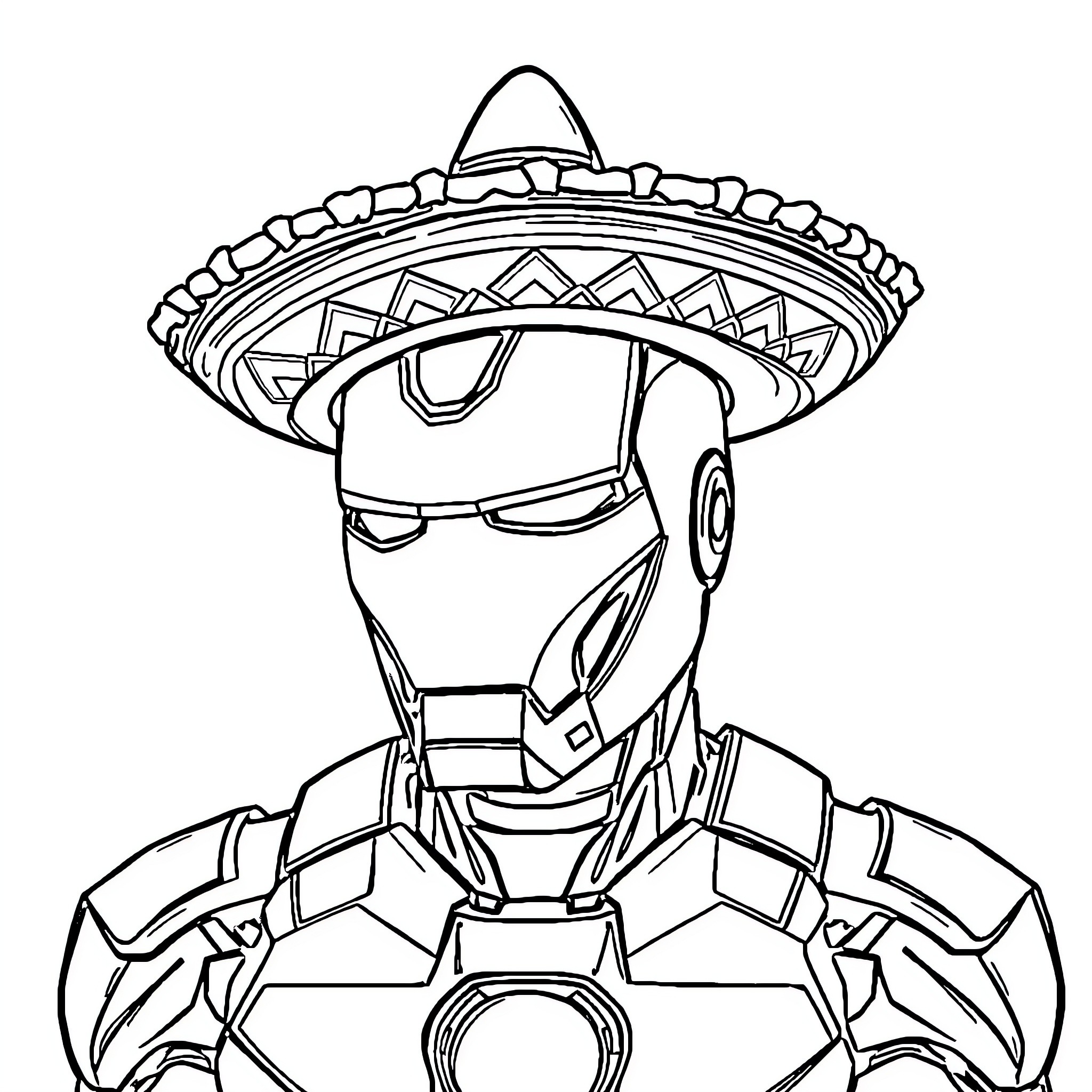 Iron Man in Decorative Sombrero Helmet Coloring Page (free black-and-white line drawing printable PDF for all, from beginners to advanced learners, including children, teens, adults, and seniors)