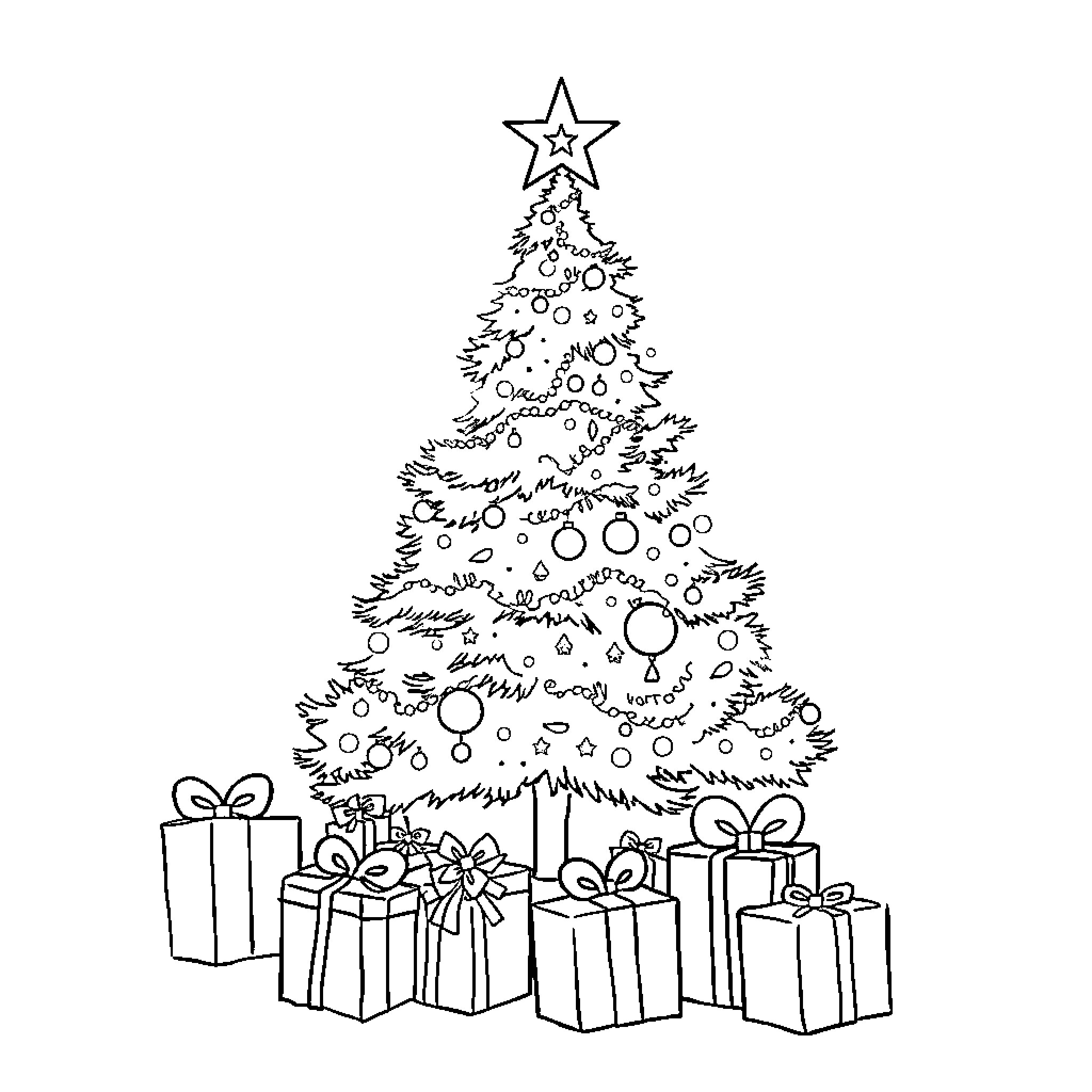 Christmas Tree with Decorations and Presents Coloring Page (free black-and-white line drawing printable PDF for all, from beginners to advanced learners, including children, teens, adults, and seniors)
