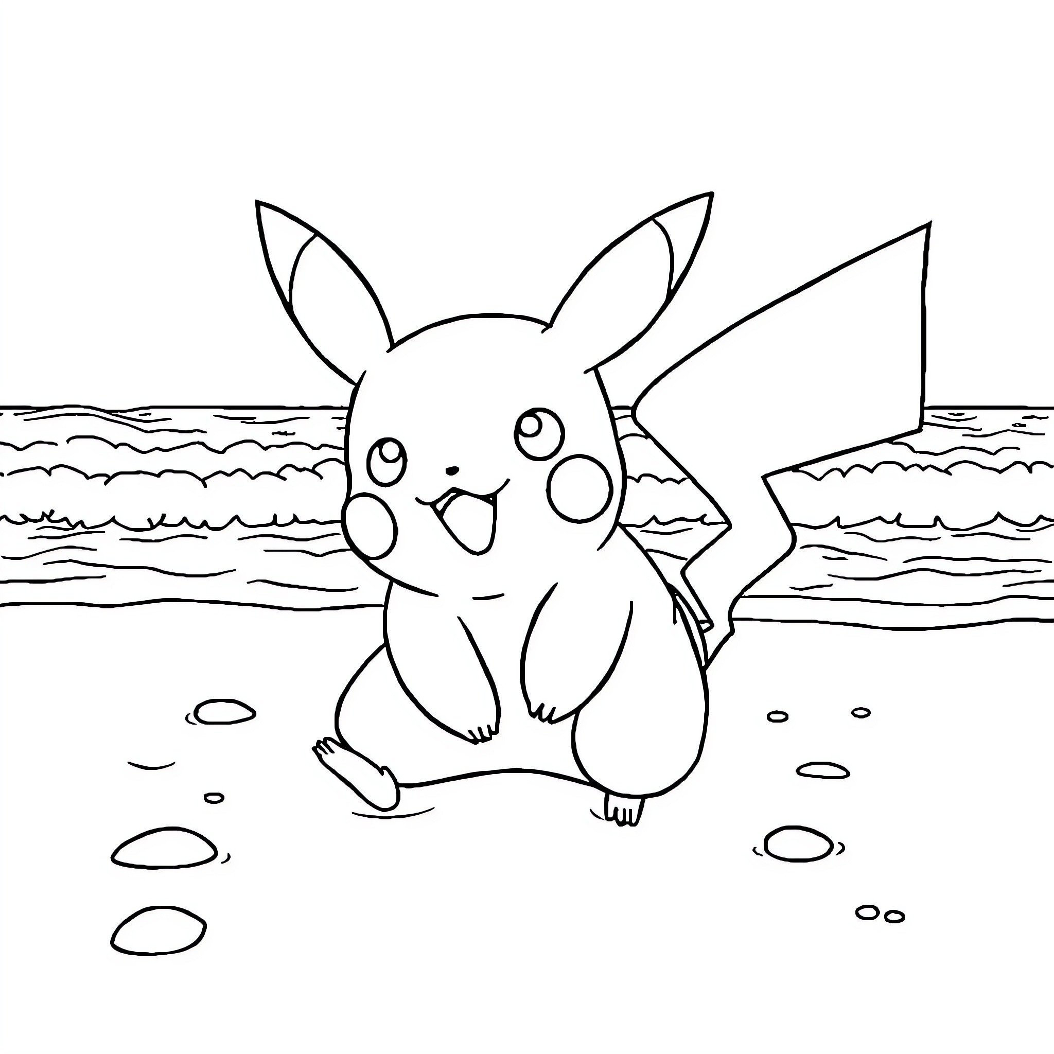 Pikachu playing by the shore Coloring Page (free black-and-white line drawing printable PDF for all, from beginners to advanced learners, including children, teens, adults, and seniors)