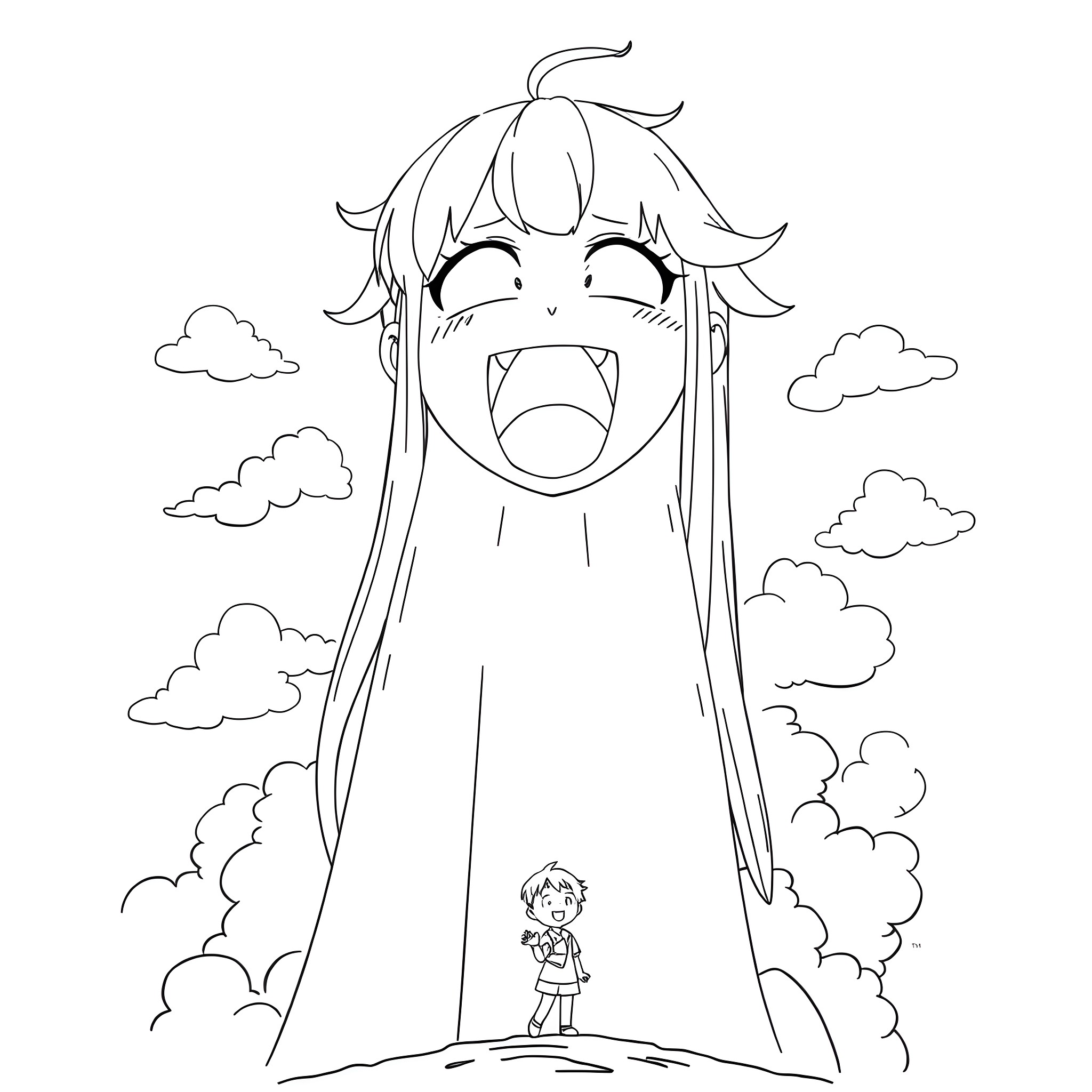 Giantess face in the clouds above a small person Coloring Page (free black-and-white line drawing printable PDF for all, from beginners to advanced learners, including children, teens, adults, and seniors)