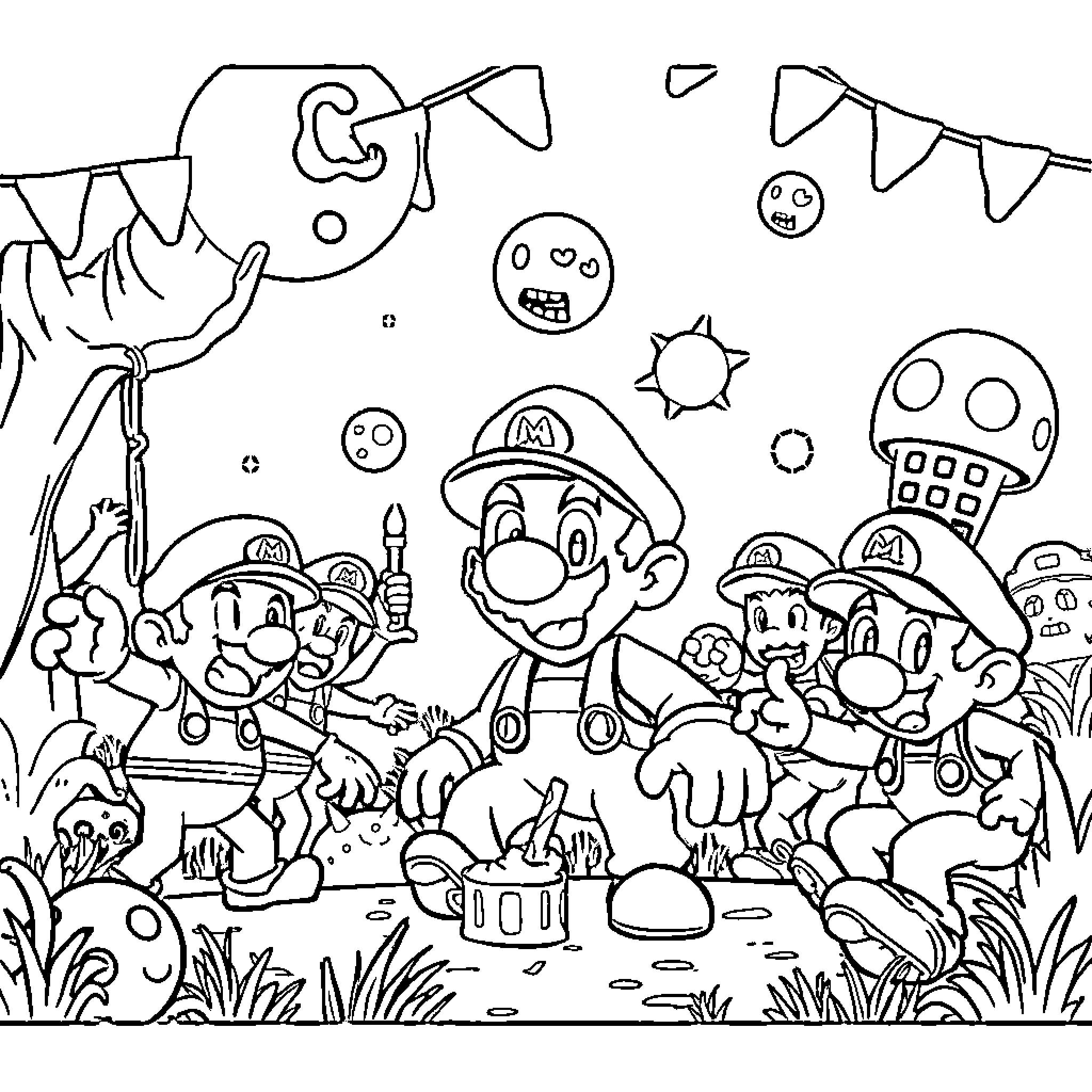 Mario's Whimsical Adventures with Friends Coloring Page (free black-and-white line drawing printable PDF for all, from beginners to advanced learners, including children, teens, adults, and seniors)