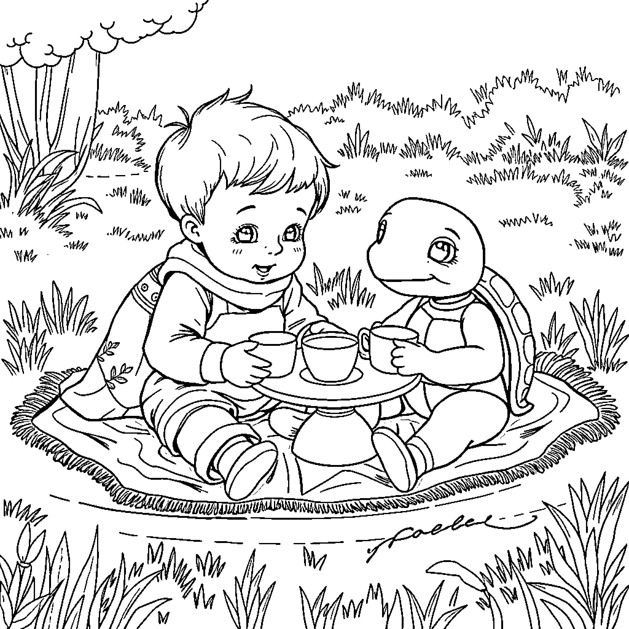 Turtle enjoying a picnic with a young friend Coloring Page (free black-and-white line drawing printable PDF for all, from beginners to advanced learners, including children, teens, adults, and seniors)