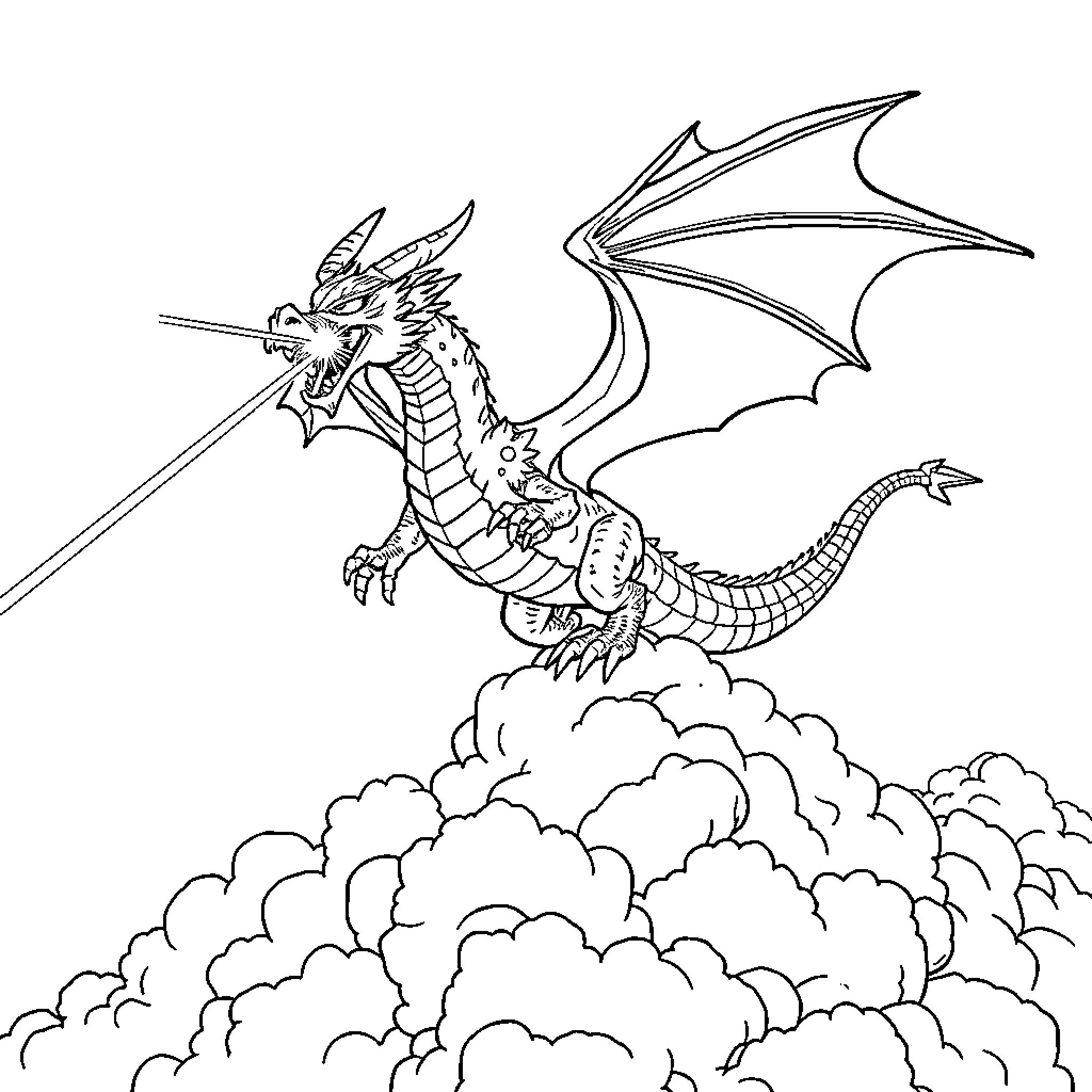 Dragon soaring majestically through the clouds Coloring Page (free black-and-white line drawing printable PDF for all, from beginners to advanced learners, including children, teens, adults, and seniors)