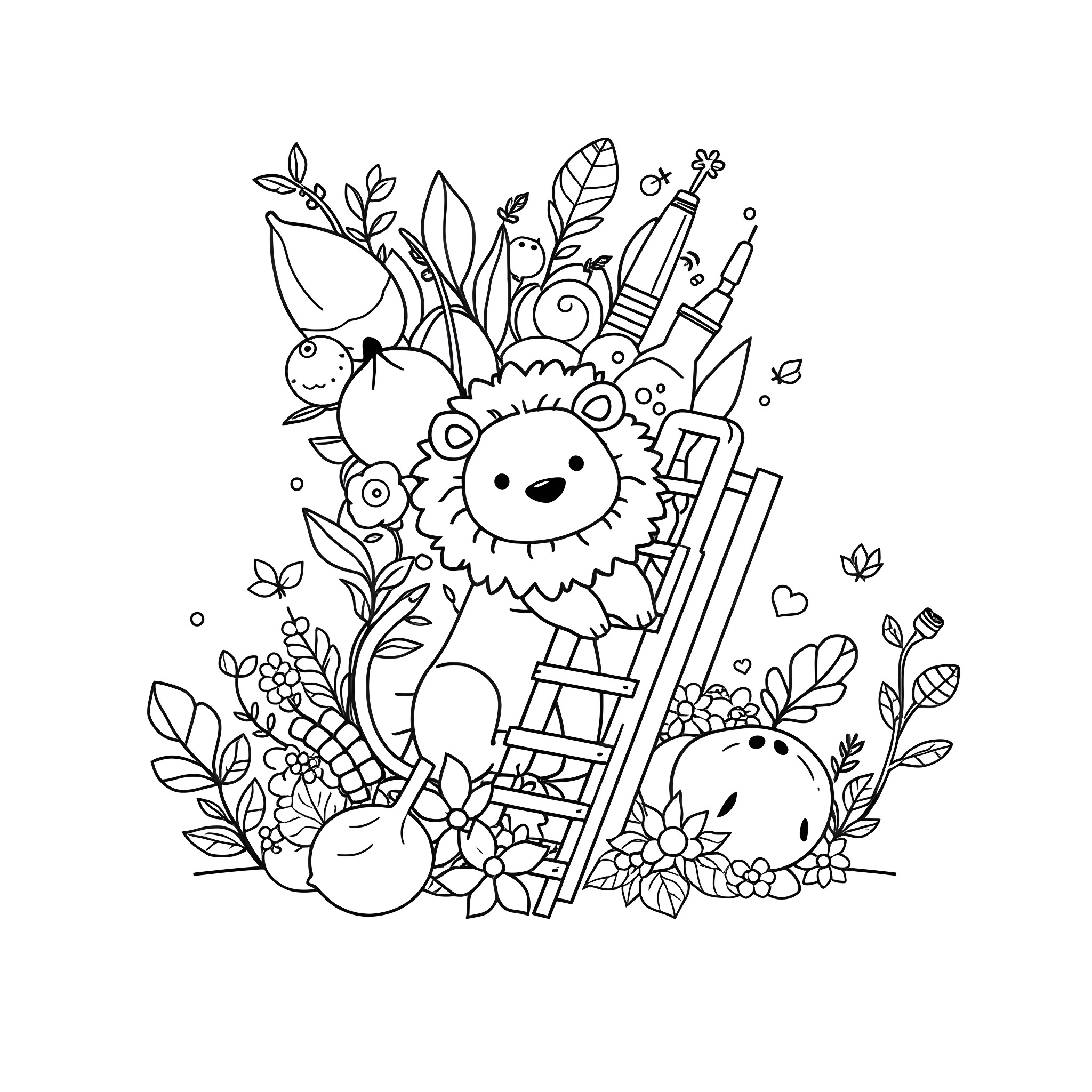 Letter L: Joyful Lion with Lively Floral Surroundings Coloring Page (free black-and-white line drawing printable PDF for all, from beginners to advanced learners, including children, teens, adults, and seniors)