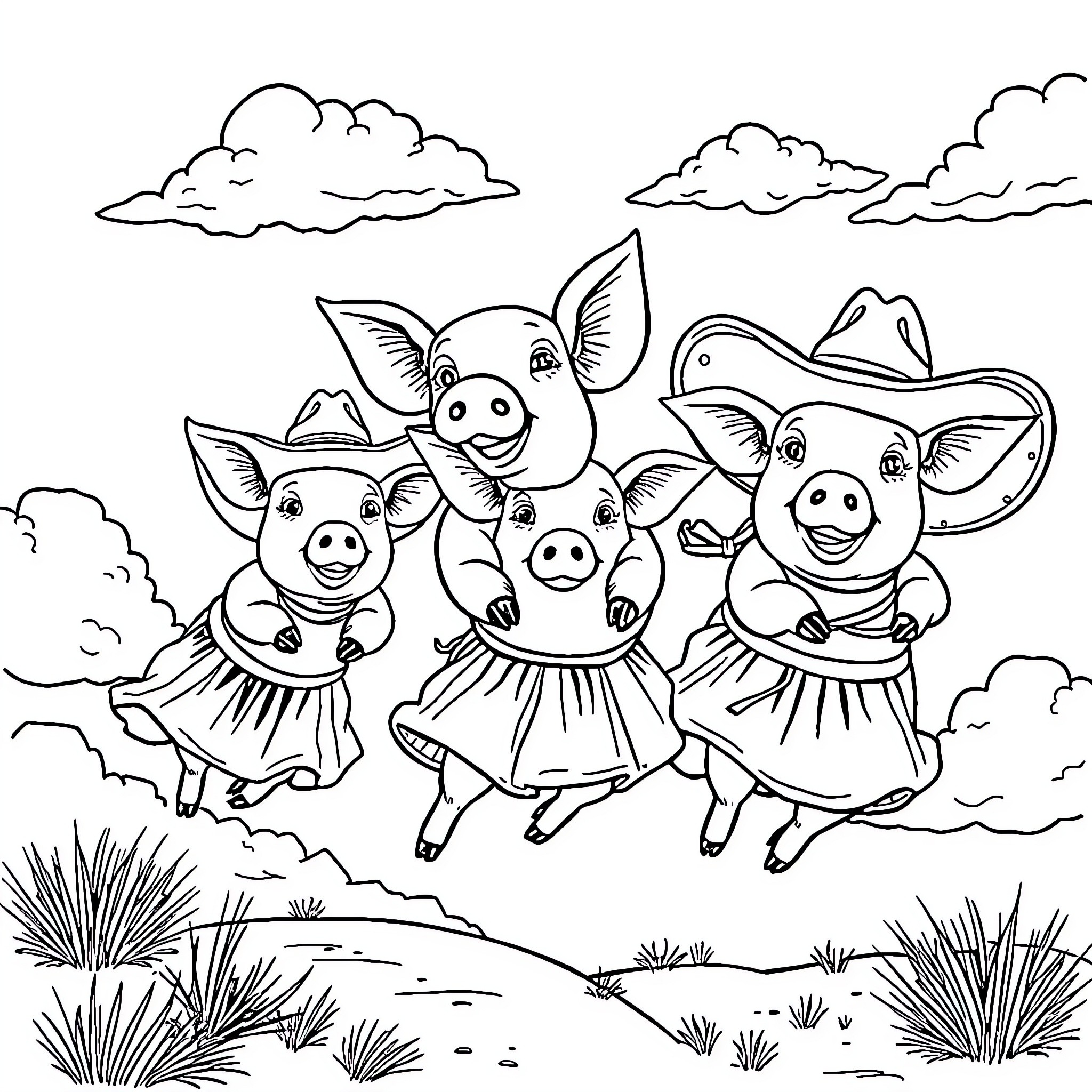 Pig dancing in the countryside Coloring Page (free black-and-white line drawing printable PDF for all, from beginners to advanced learners, including children, teens, adults, and seniors)